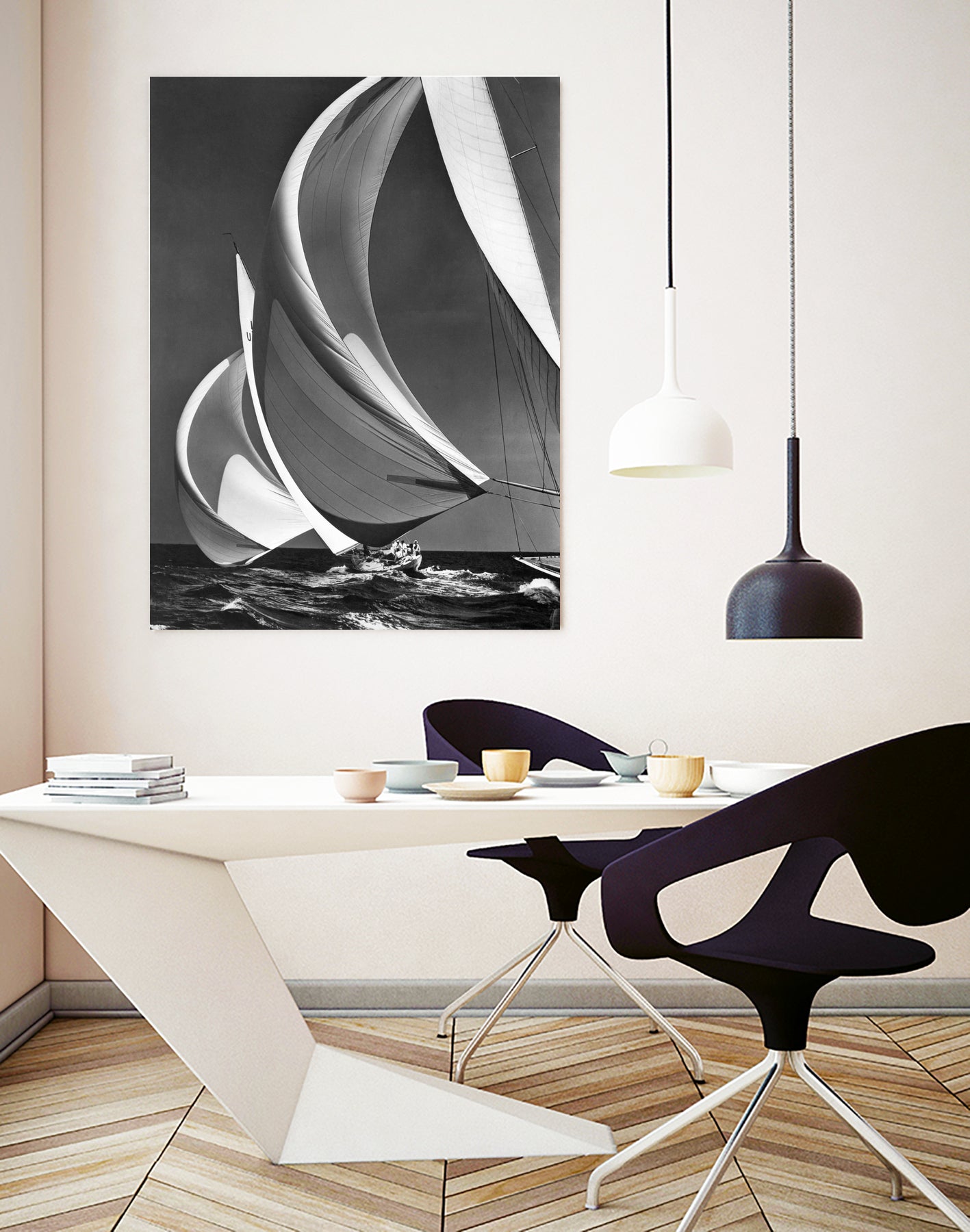 Two sailboats racing with their spinakers on a reach, 1940s  by Bridgeman Images on GIANT ART - black and white  photography