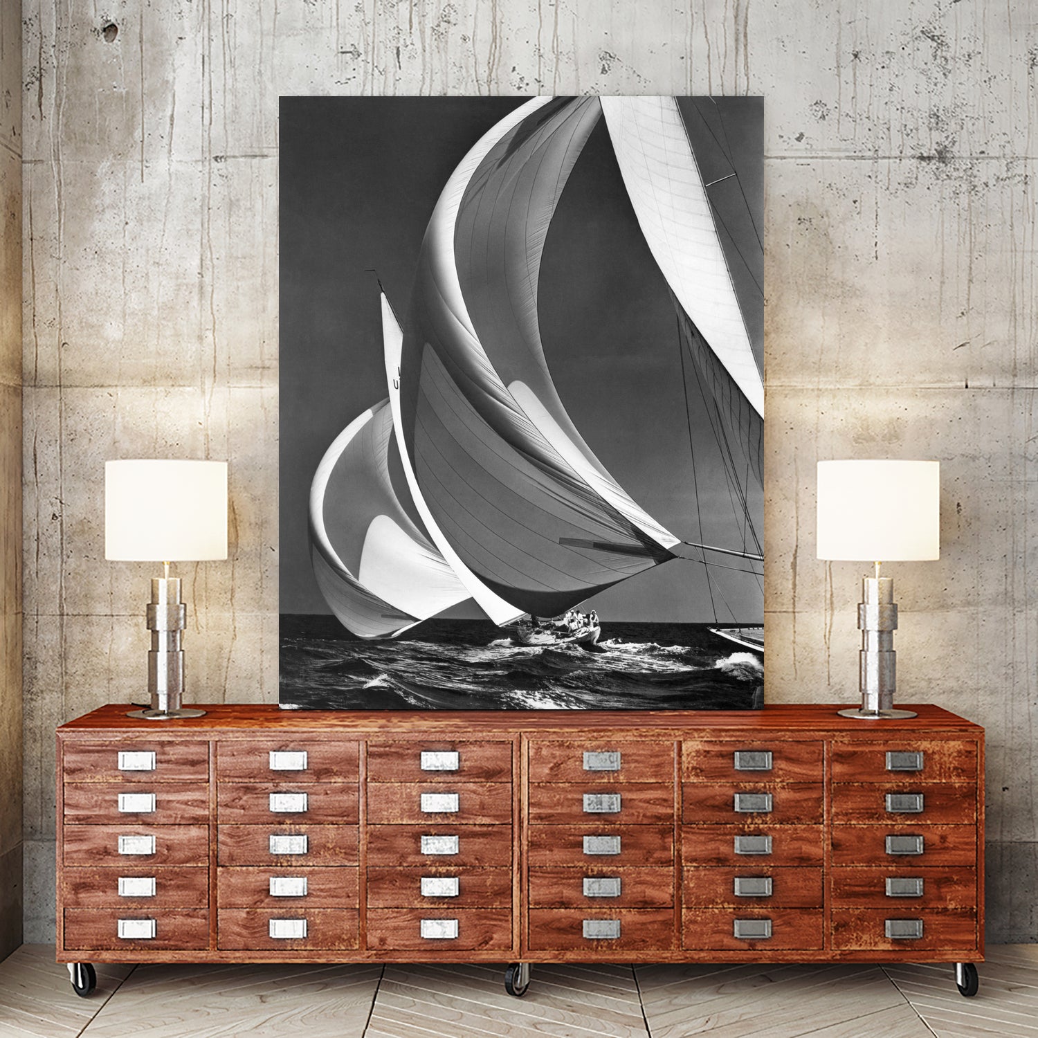 Two sailboats racing with their spinakers on a reach, 1940s  by Bridgeman Images on GIANT ART - black and white  photography