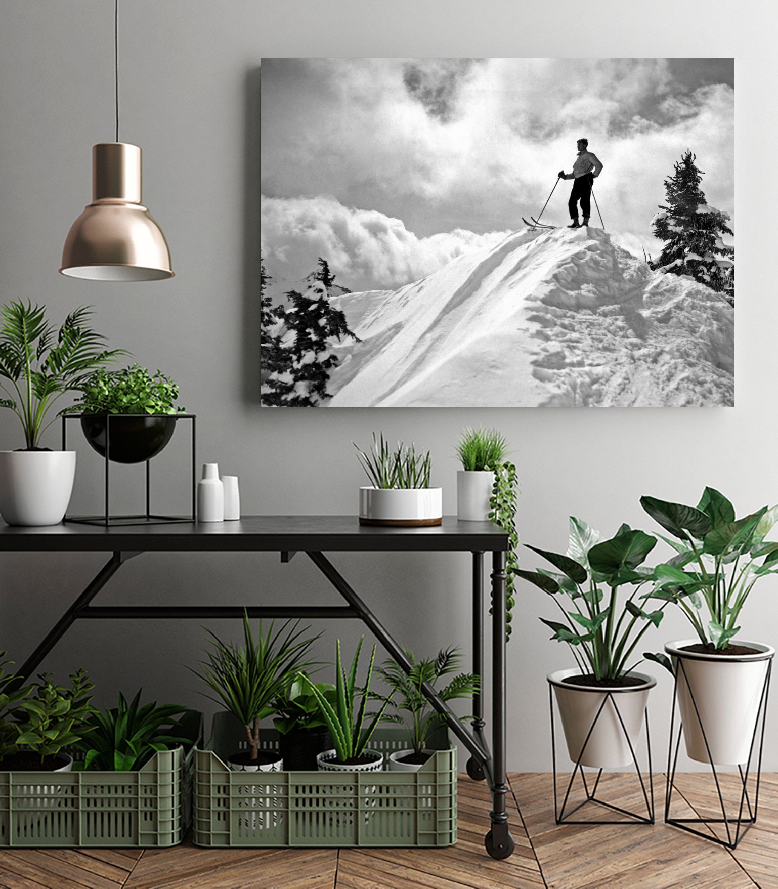 A Skier On Top Of Mount Hood by Bridgman Images  on GIANT ART - black and white photography