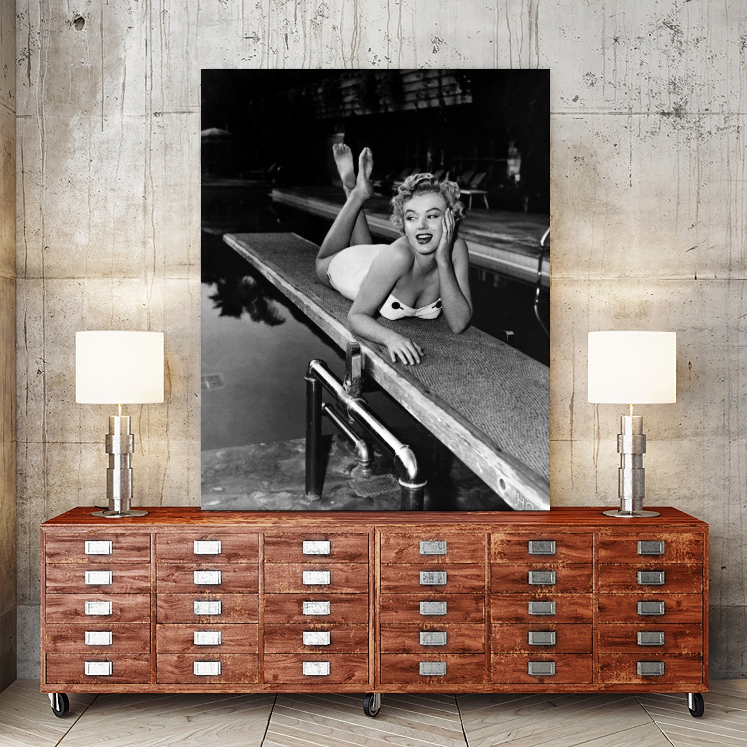 Marilyn Monroe lying on a springboard in California, 1953 by Bridgeman Images on GIANT ART - black and white photography