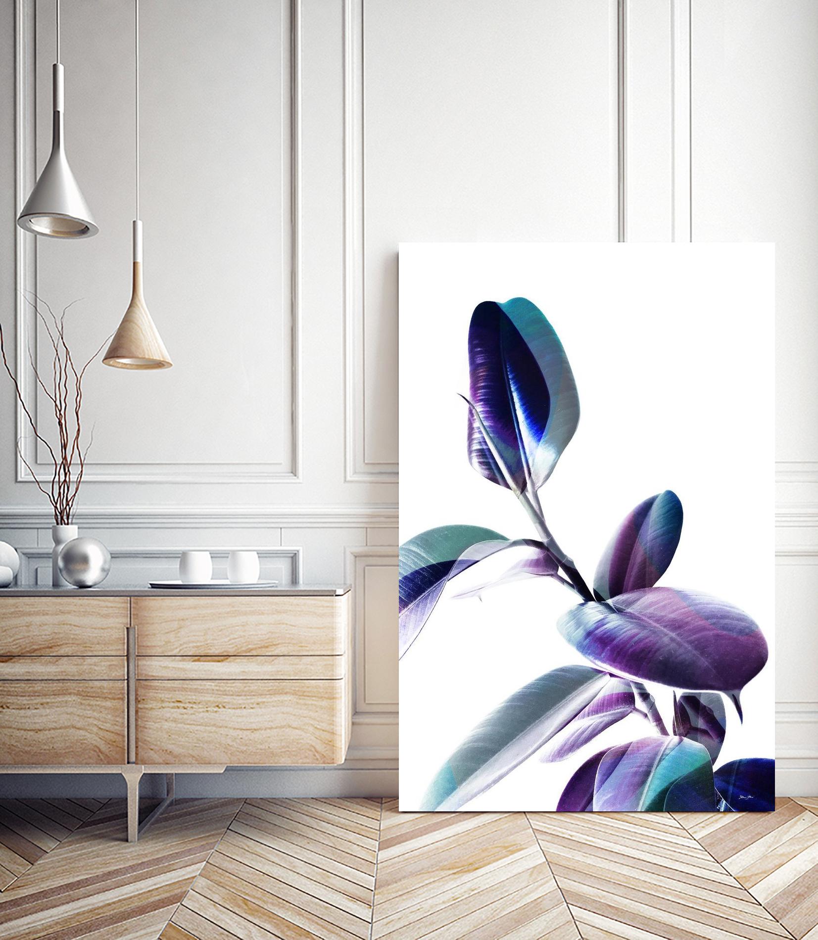 Minimal Rubber foliage in Blue and Purple on White by Dominique Vari on GIANT ART