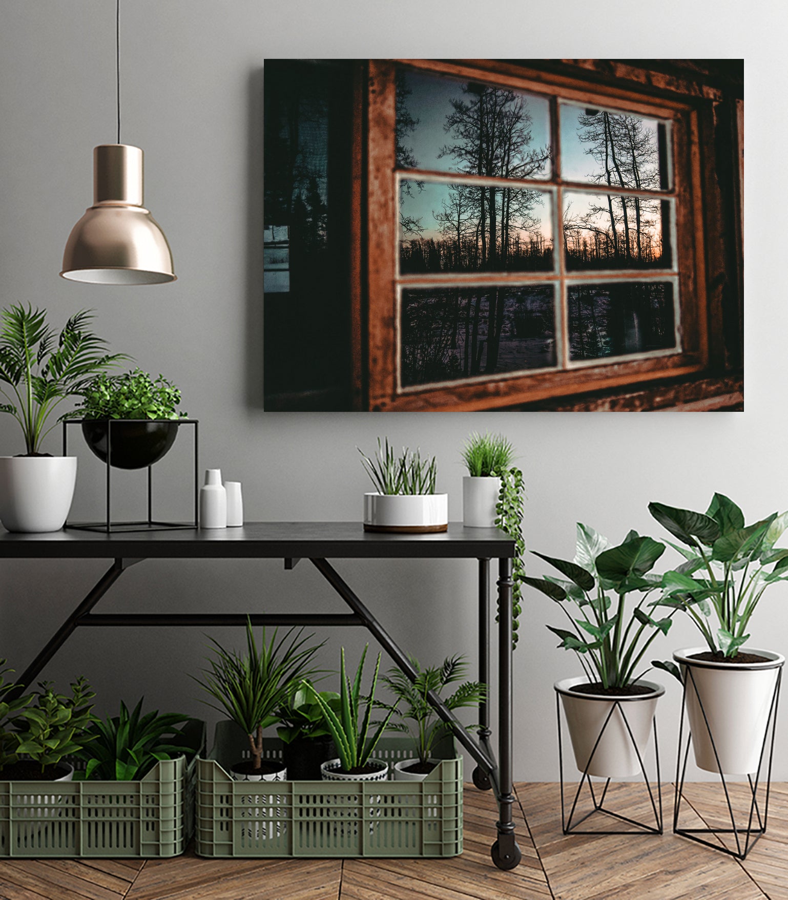 Grainy Sunset Reflection on Log Cabin Window by RJ Byrd on GIANT ART - blue photo illustration