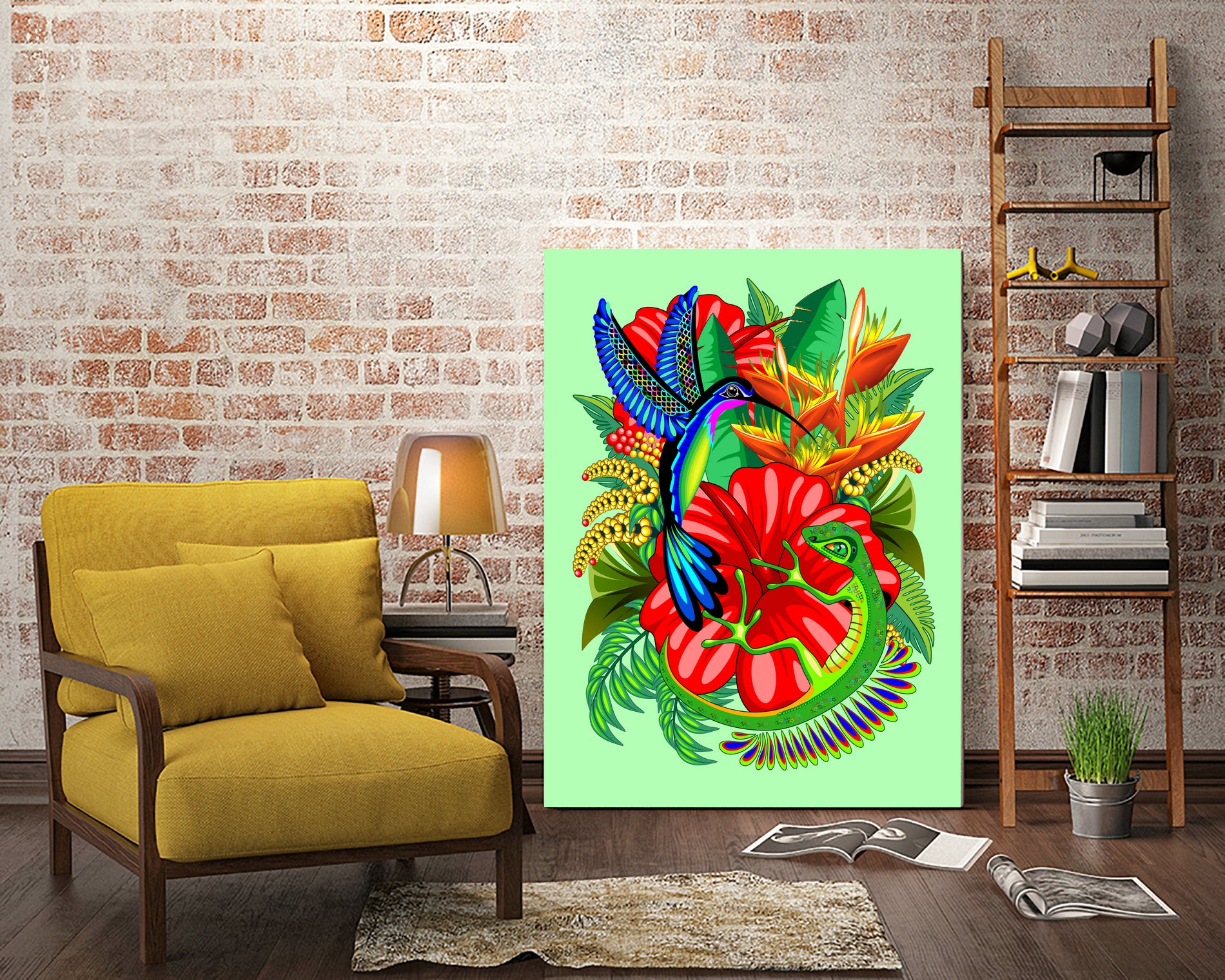 The Lizard, The Hummingbird and The Hibiscus by Monica Terrana on GIANT ART - green digital drawing