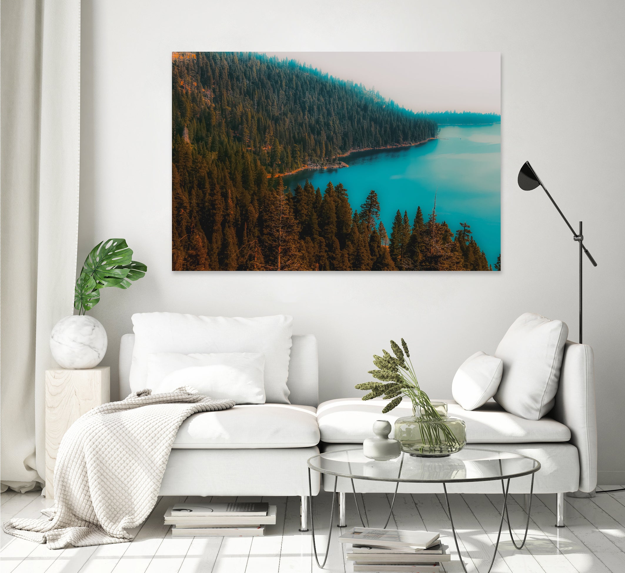 Pine tree and lake view at Emerald Bay Lake Tahoe California by sutee monchitnukul on GIANT ART - blue photo manipulation