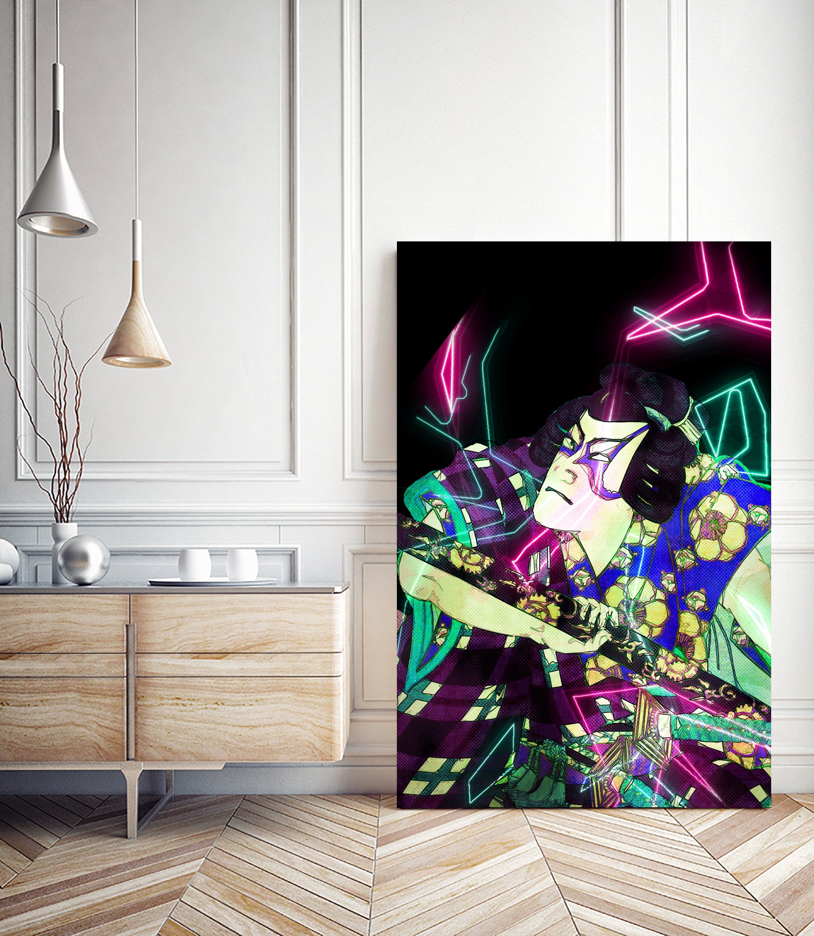 Samurai Japan Print Art Colored Neon Electric by Damian firenza on GIANT ART - fuchsia digital painting