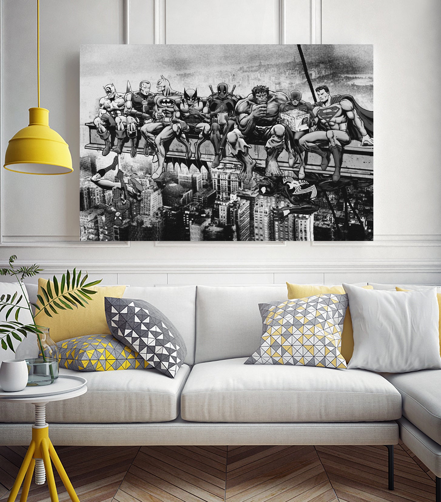 Marvel & DC Superheroes Lunch Atop A Skyscraper -B/W Edition by Dan Avenell on GIANT ART - gray digital painting