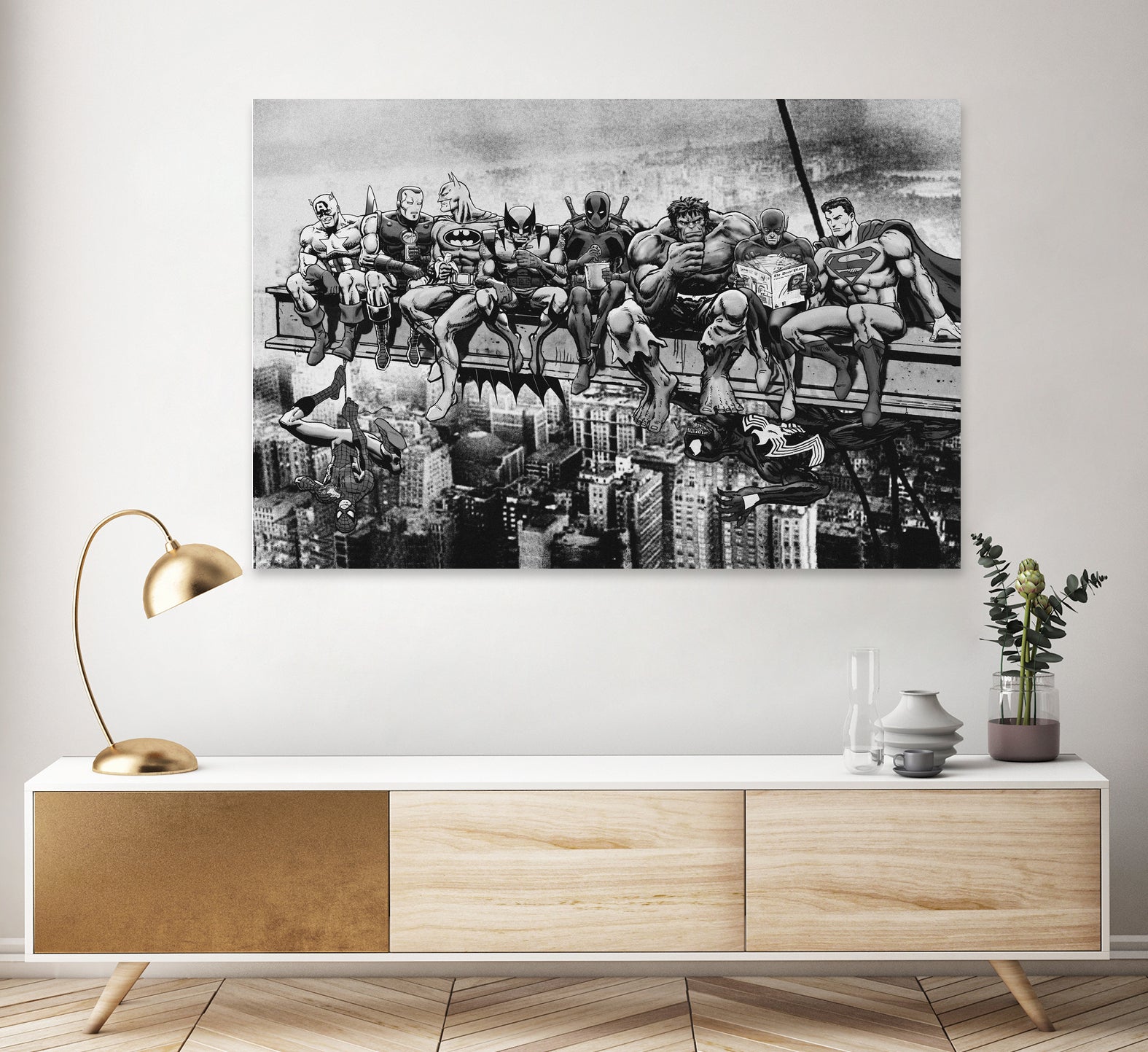 Marvel & DC Superheroes Lunch Atop A Skyscraper -B/W Edition by Dan Avenell on GIANT ART - gray digital painting