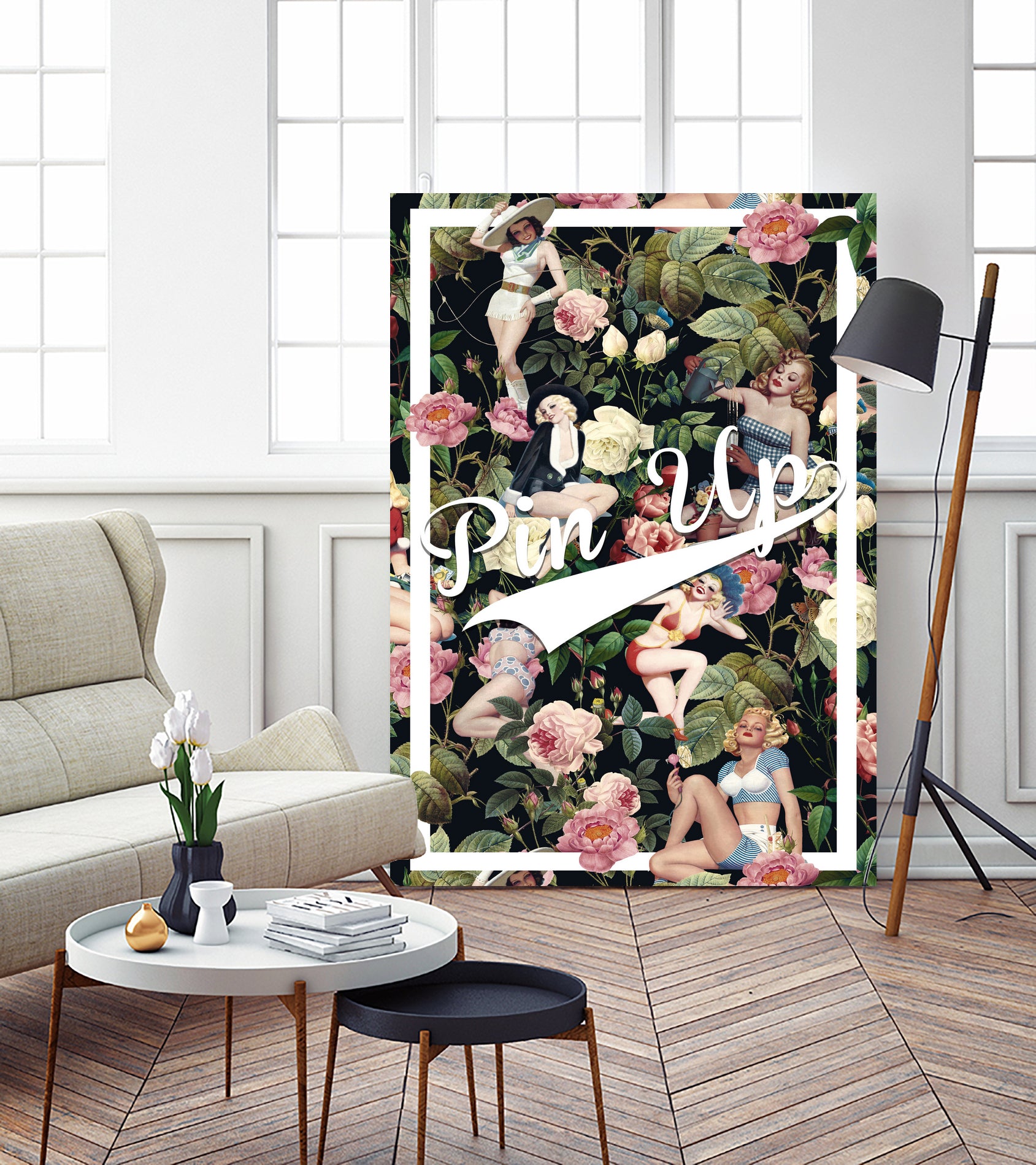 Floral and Pin Up Girls Pattern by burcu korkmazyurek on GIANT ART - black digital painting