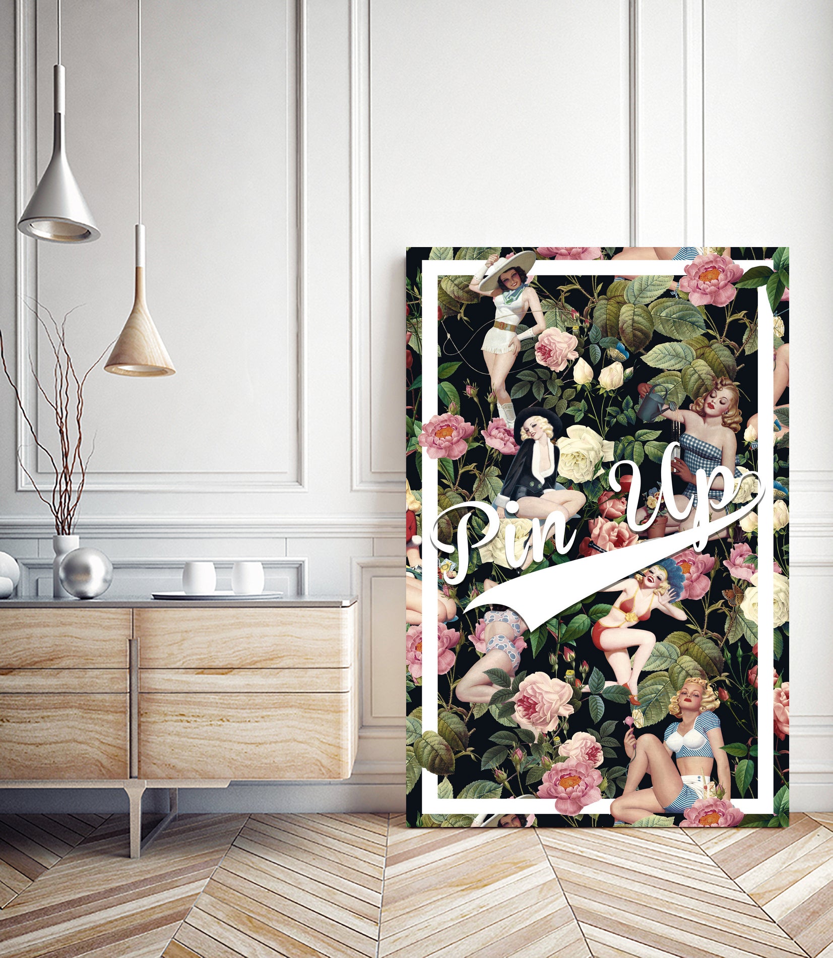 Floral and Pin Up Girls Pattern by burcu korkmazyurek on GIANT ART - black digital painting
