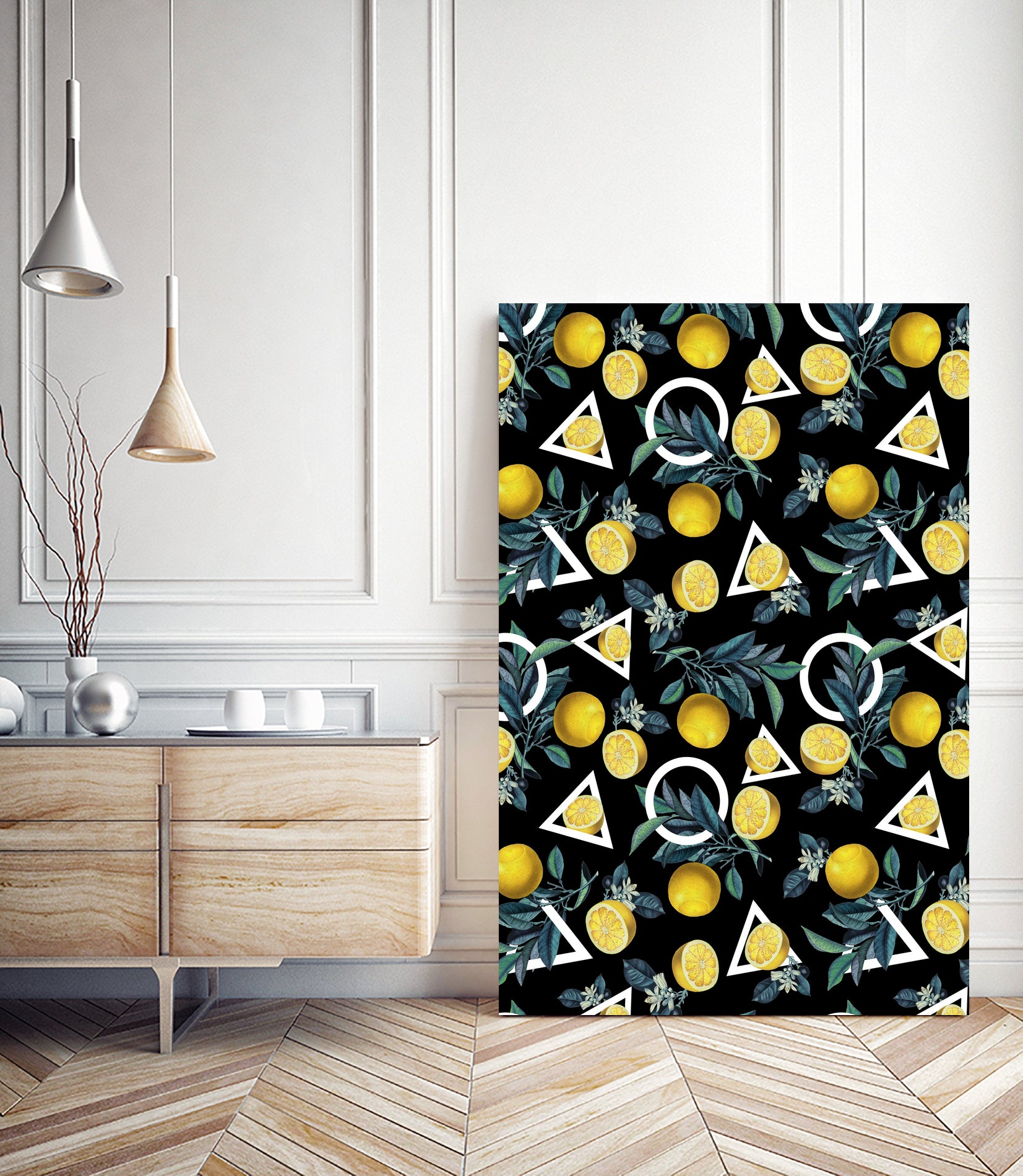 Geometric and Lemon pattern II by burcu korkmazyurek on GIANT ART - black digital painting