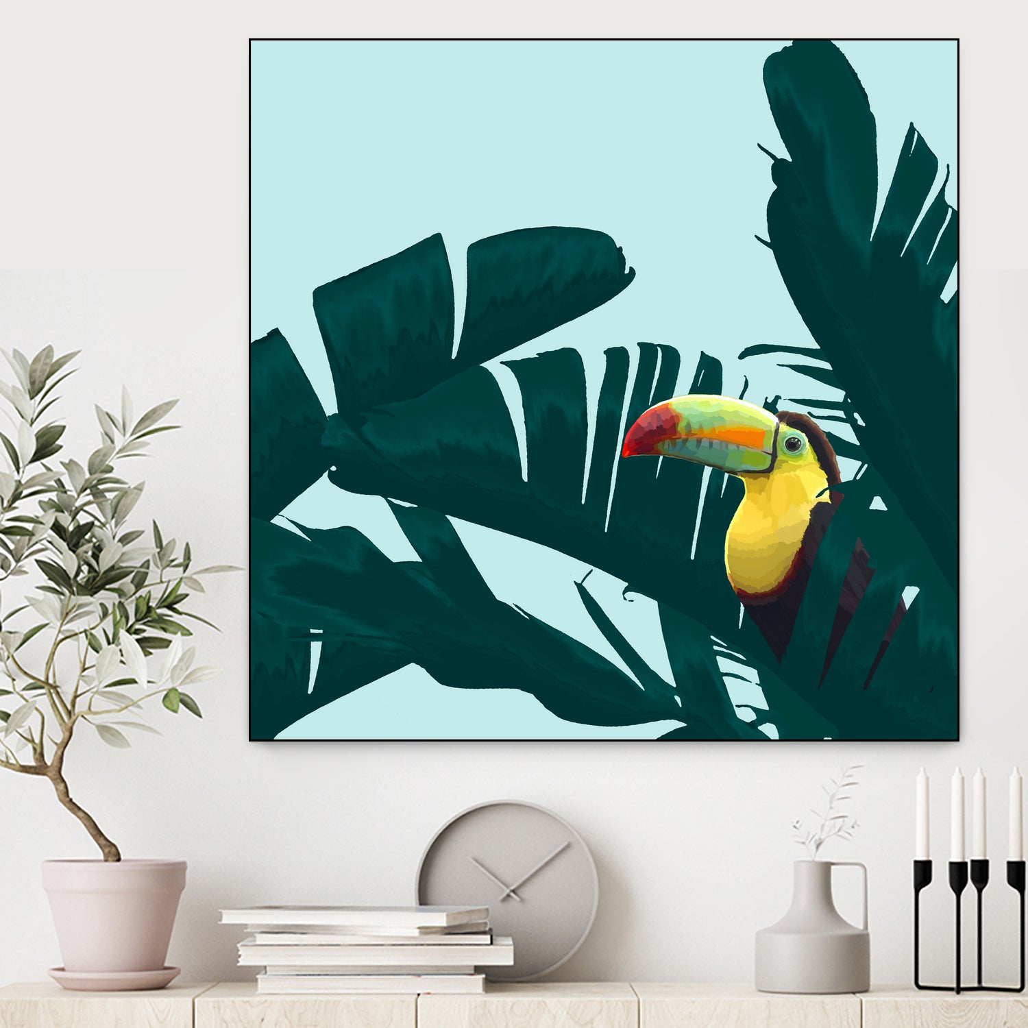 Green Toucan Tropical Banana Leaves Pattern by Brigitte Carre on GIANT ART - green digital painting