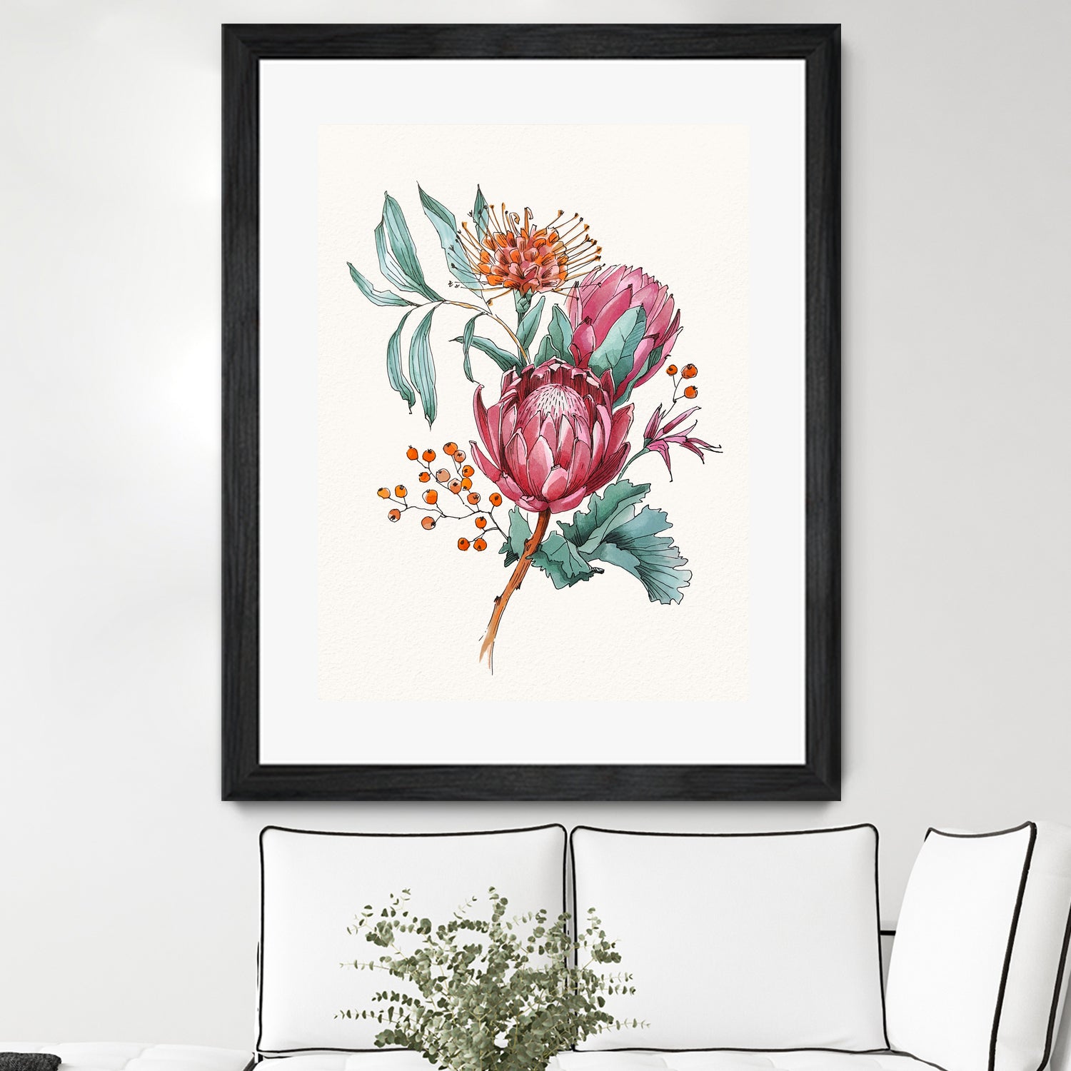 King protea flowers watercolor illustration by Two Lips on GIANT ART - pink digital drawing