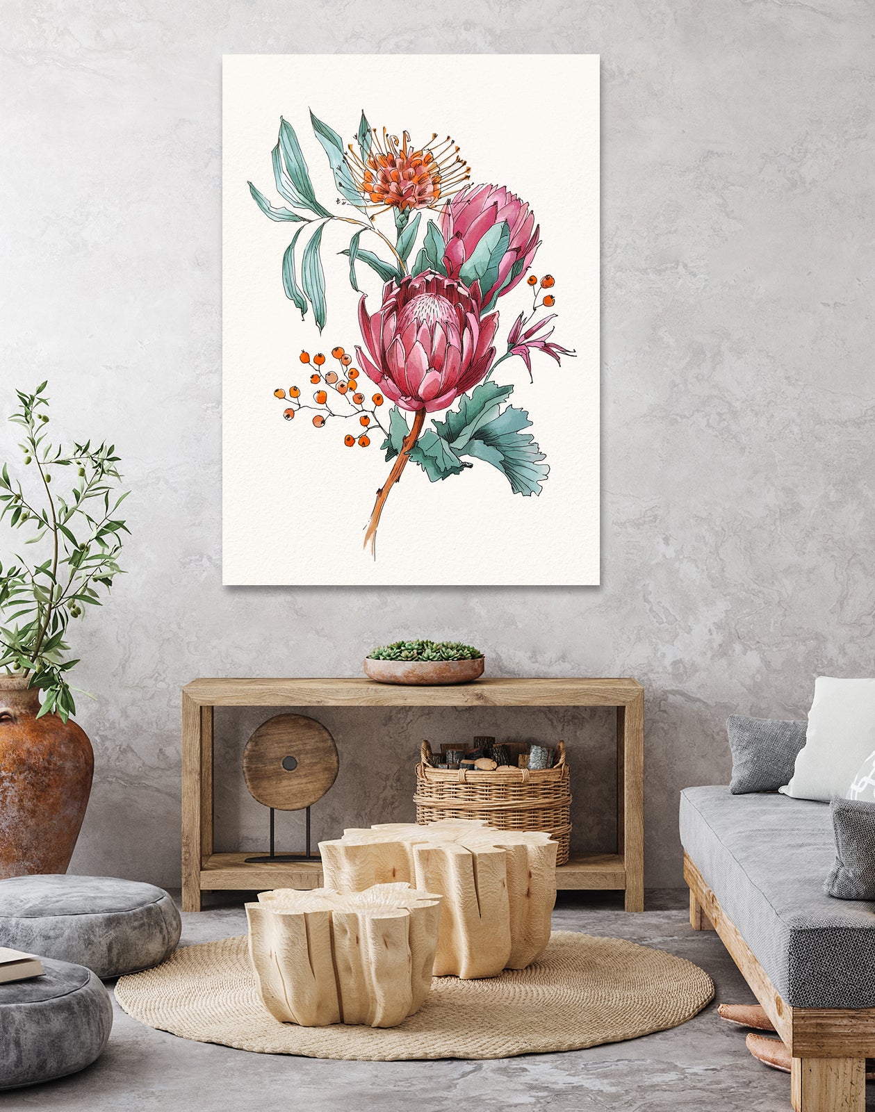 King protea flowers watercolor illustration by Two Lips on GIANT ART - pink digital drawing
