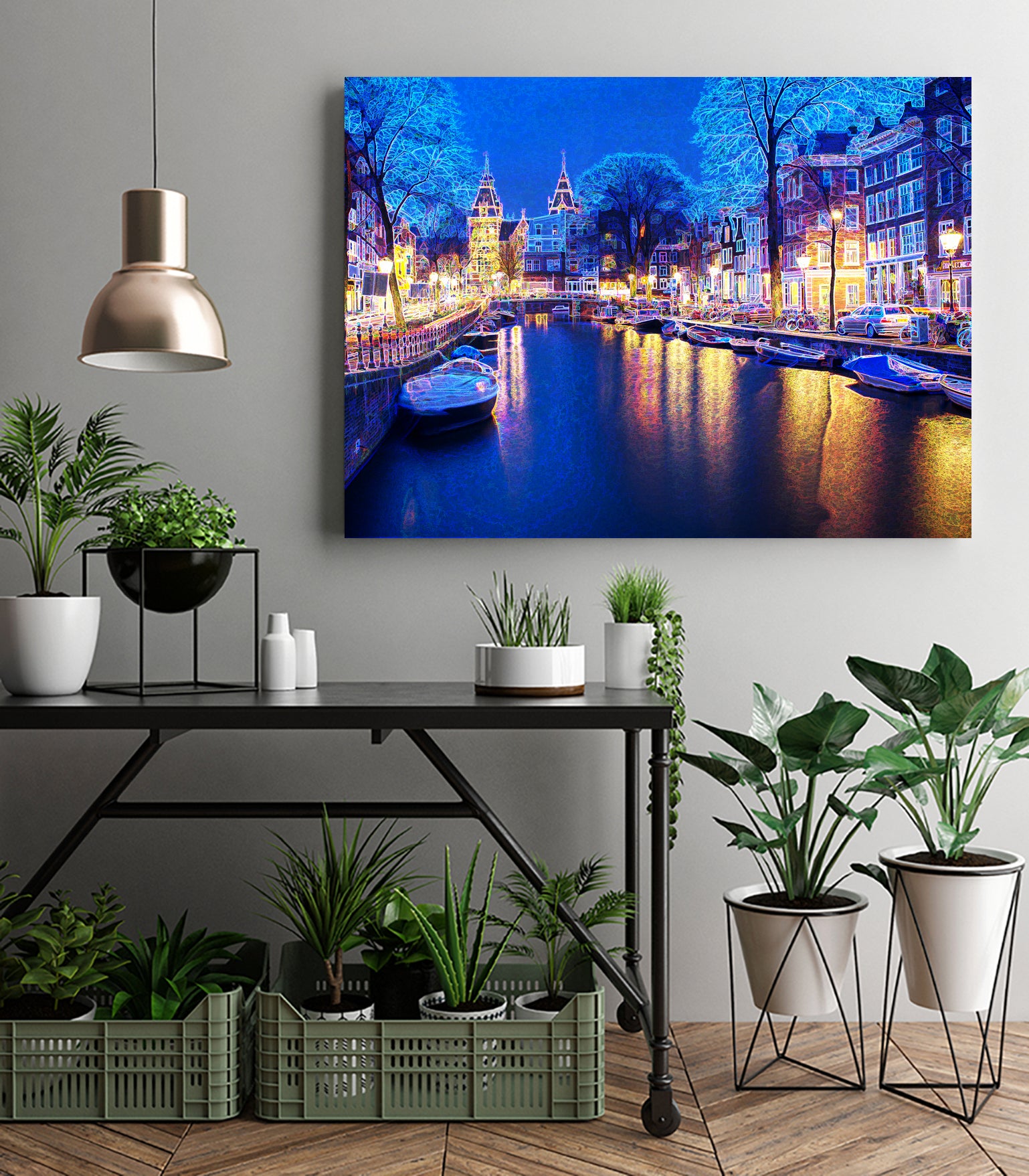 Winter Amsterdam Canal At Night With Boats by Michael Novik on GIANT ART - white photo illustration