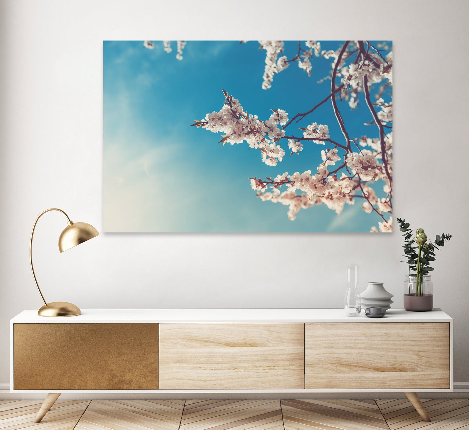 Spring Cherry Sakura White Flowers,Toning by Anna Matveeva on GIANT ART - blue photo illustration