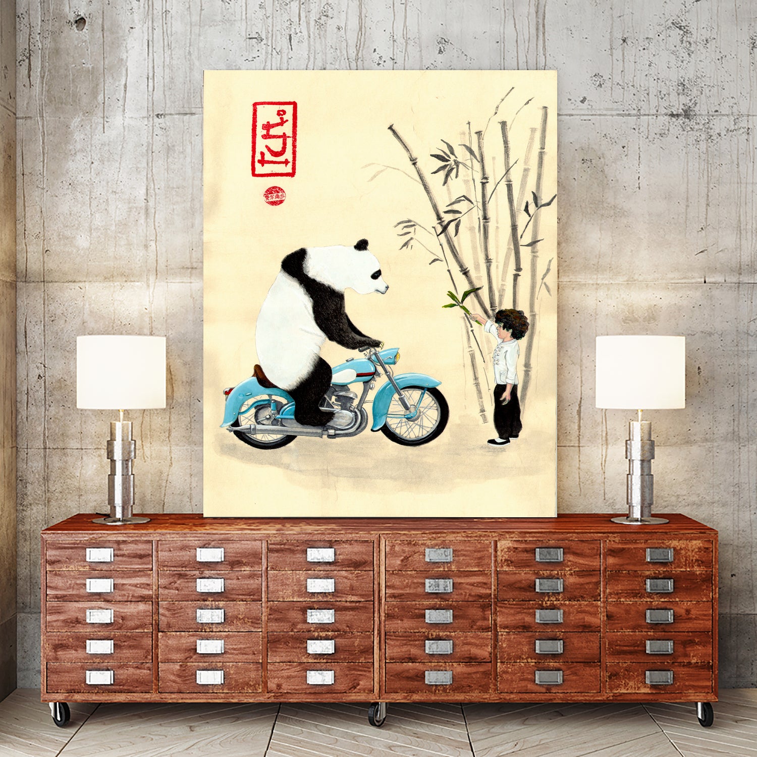 Óliver and the panda by Luis Fernando Montilla Sánchez on GIANT ART - yellow mixed media