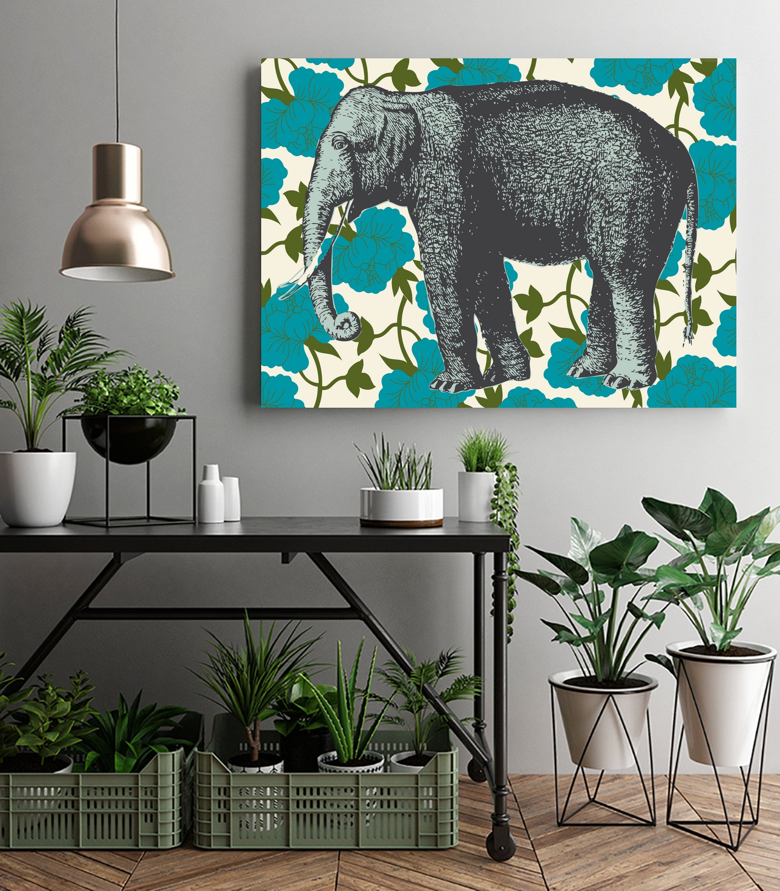 Elephant Floral Aqua by Thomas Fernez on GIANT ART - blue digital drawing