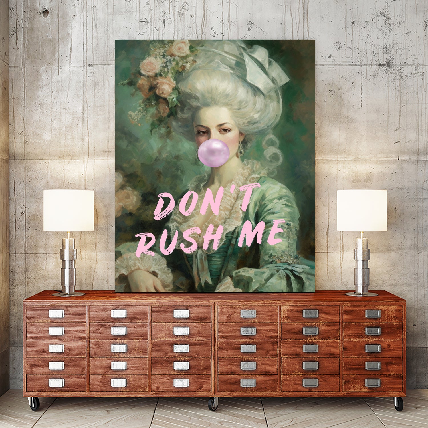 Marie Antoinette Dont Rush Me by Talitha McQueen on GIANT ART - pink contemporary human face,flower,text,clothing,painting,doll,poster,person,fashion,flowers,flora,floral,botanical,flowers and plants,botanicals,word,words,painted,paint,painterly,people,portrait,figurative