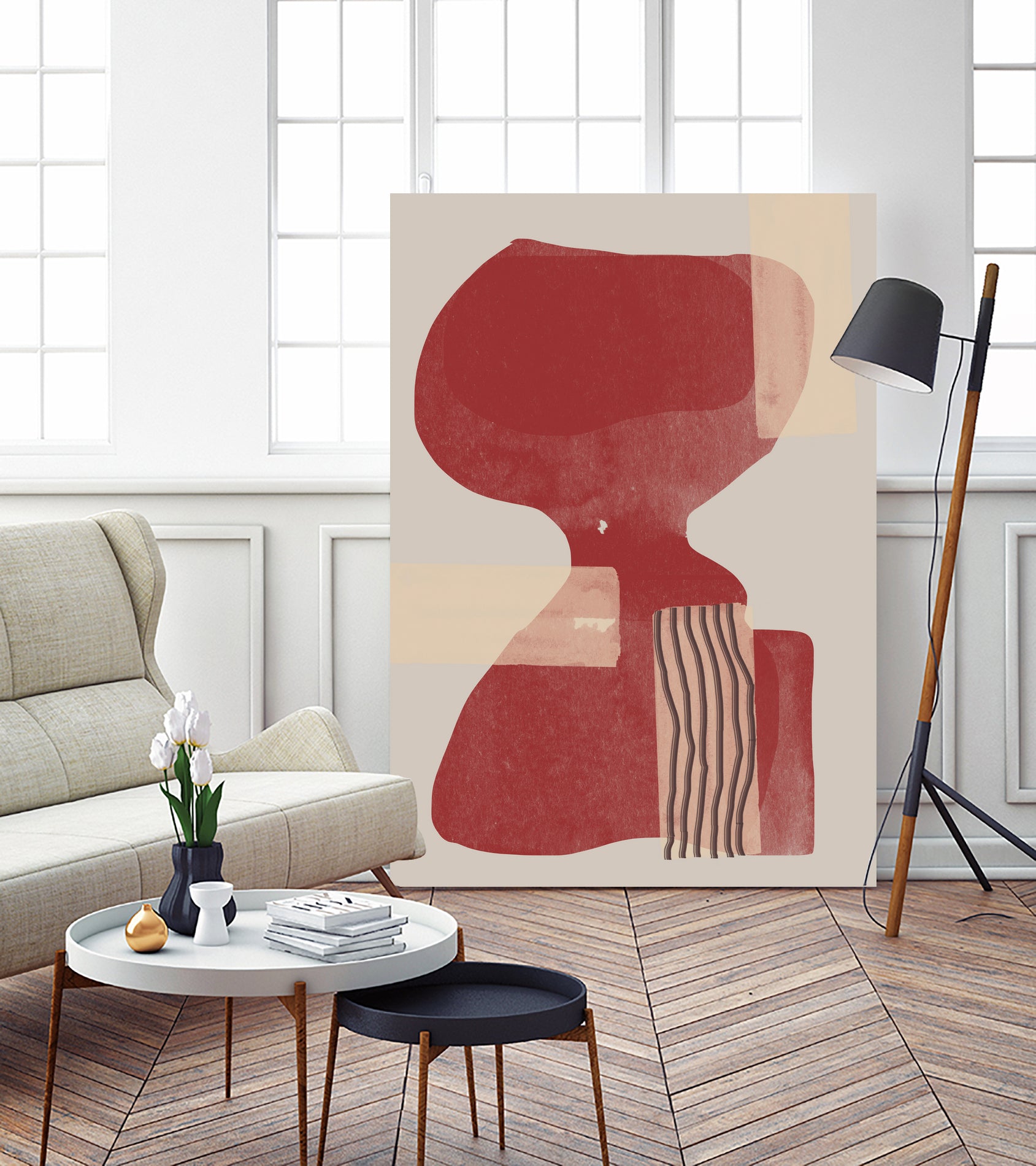 Crimson Harmony by THE MIUUS STUDIO on GIANT ART - red shape abstract, bold, white, grey, gray, calm, painting, print, wallart, wall art, energetic, colourful, graphic print, illustration, soft, brush strokes, cute, prints, home decor, beige, black, drawing