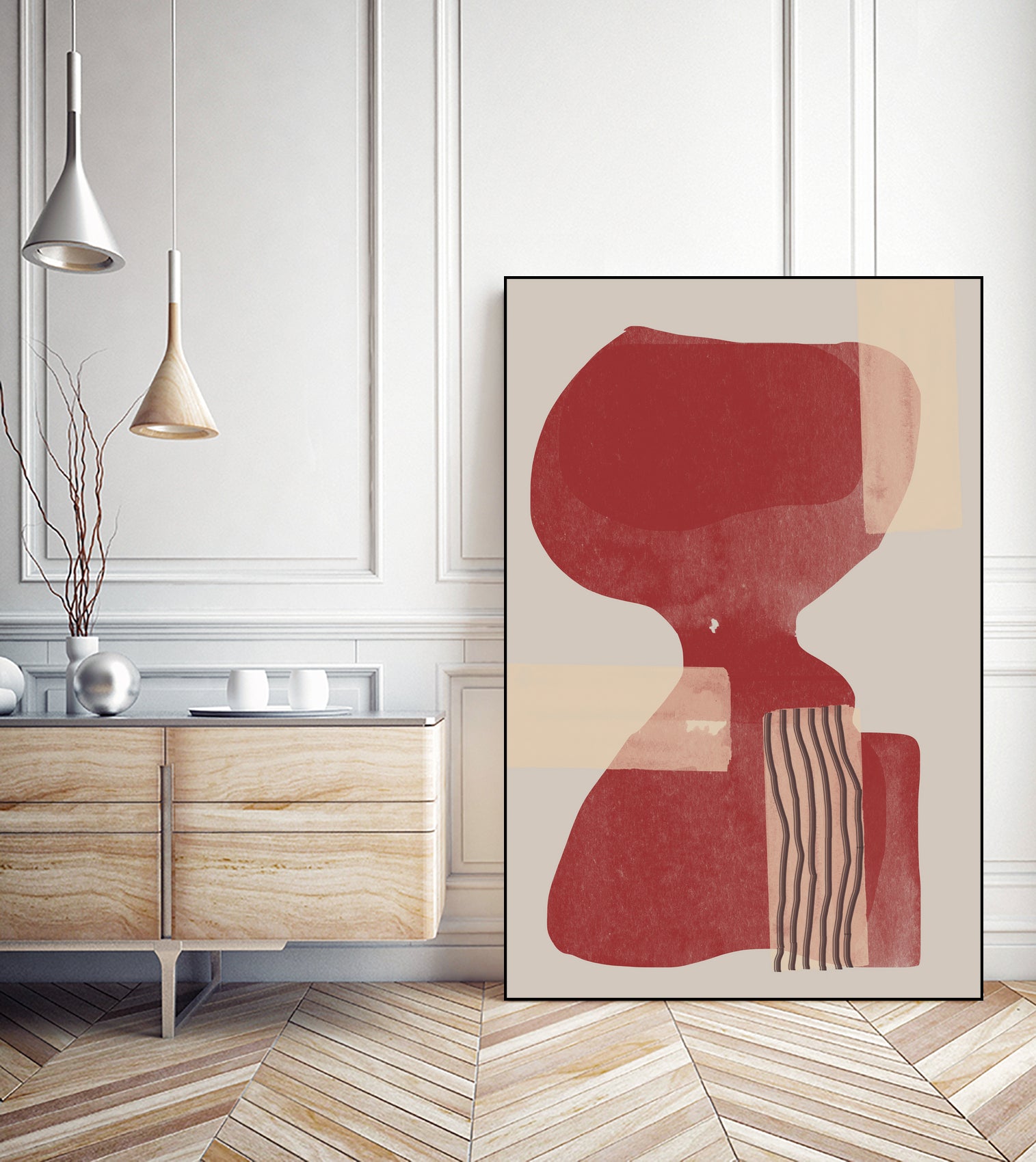 Crimson Harmony by THE MIUUS STUDIO on GIANT ART - red shape abstract, bold, white, grey, gray, calm, painting, print, wallart, wall art, energetic, colourful, graphic print, illustration, soft, brush strokes, cute, prints, home decor, beige, black, drawing