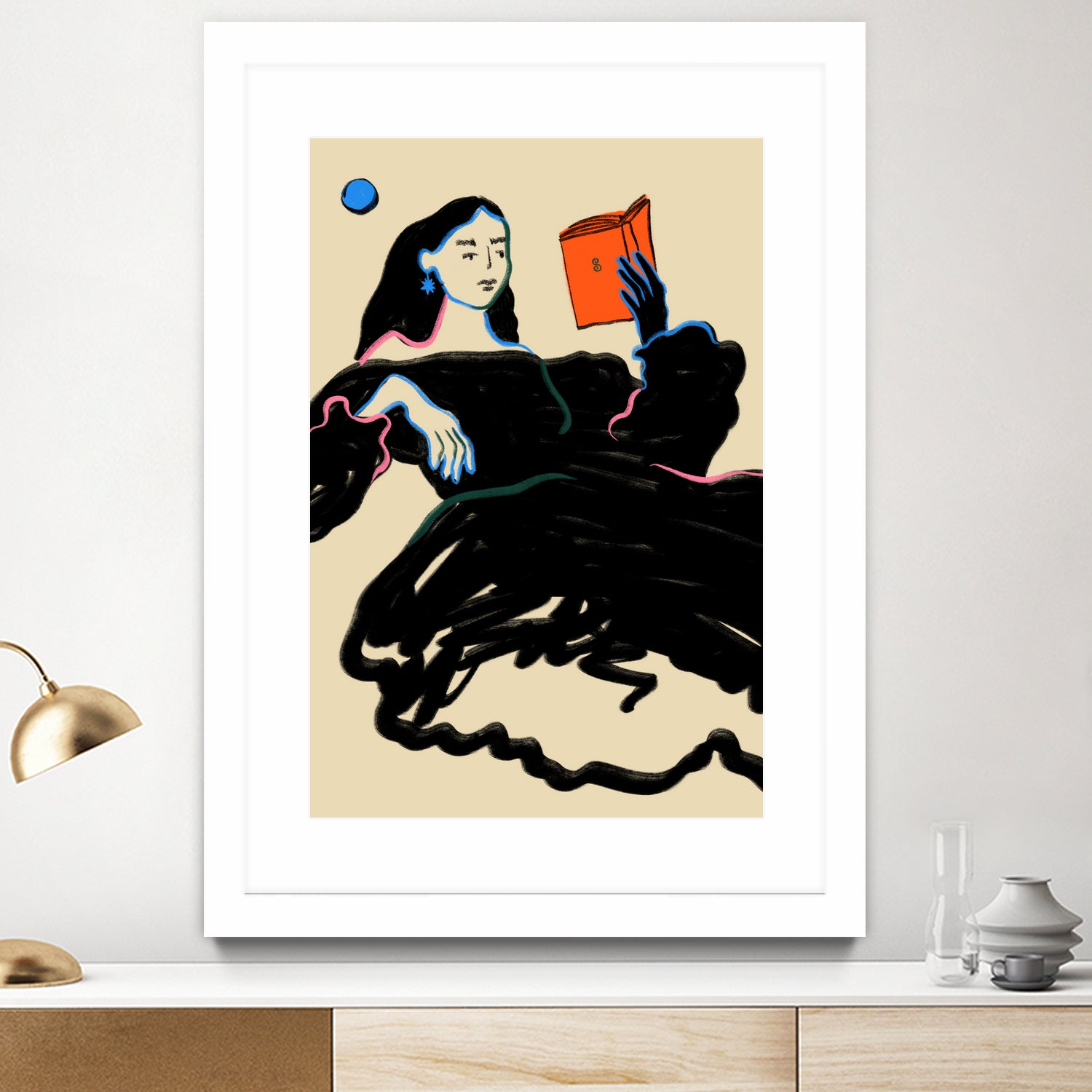 Midnight Reading by Sandra Poliakov  on GIANT ART - figurative drawing,illustration,sketch,human face,painting,art,clipart,cartoon,woman,black dress,reading,book worm,reader,colourful ,pastell,relaxed,calm,mindful,slow living,moon,night,feminine,girl power,home decor ,maximalist,graphic,painted,paint,painterly,person,people,still,serene,peace,peaceful,tranquil,tranquilitiy,stillness,harmony,sky