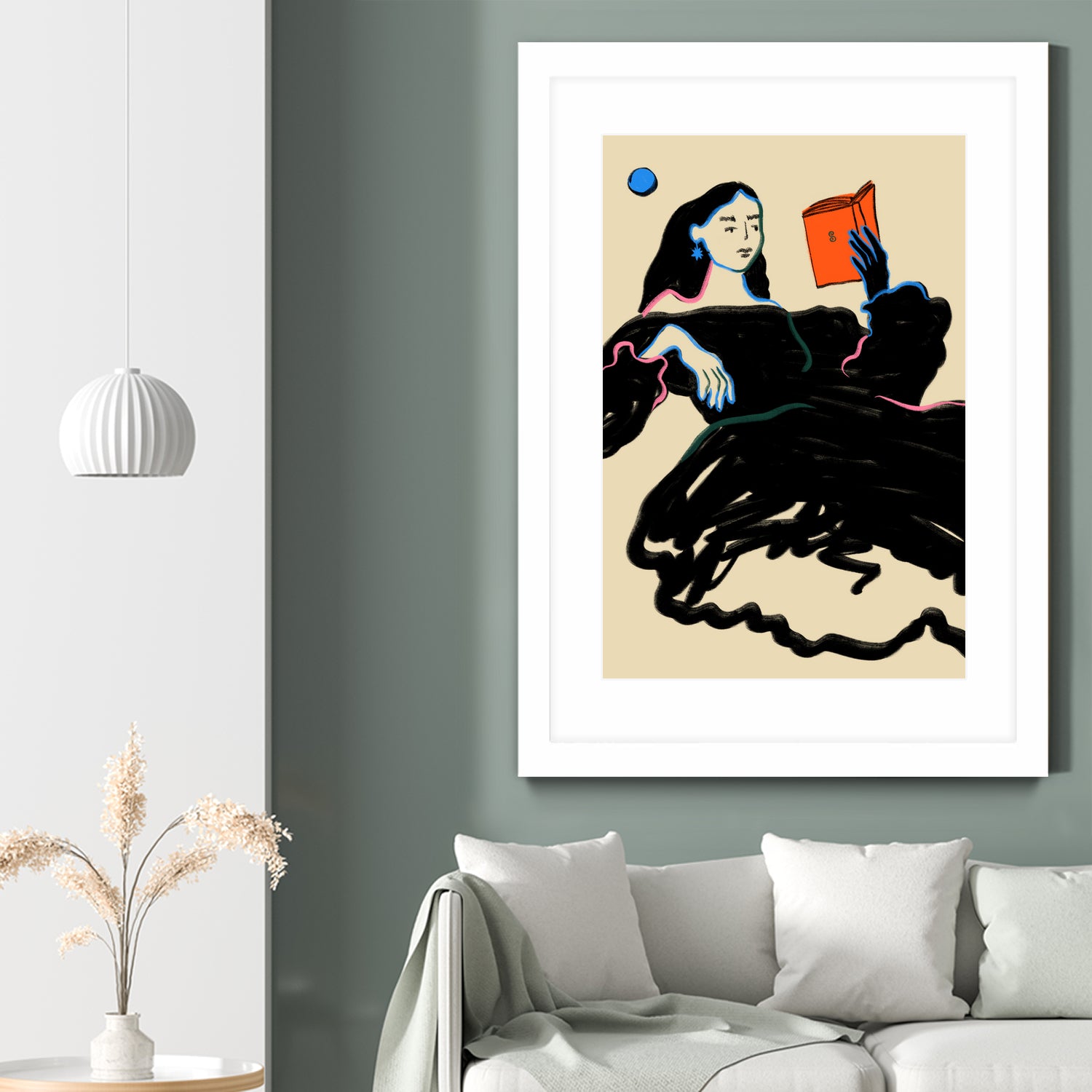 Midnight Reading by Sandra Poliakov  on GIANT ART - figurative drawing,illustration,sketch,human face,painting,art,clipart,cartoon,woman,black dress,reading,book worm,reader,colourful ,pastell,relaxed,calm,mindful,slow living,moon,night,feminine,girl power,home decor ,maximalist,graphic,painted,paint,painterly,person,people,still,serene,peace,peaceful,tranquil,tranquilitiy,stillness,harmony,sky