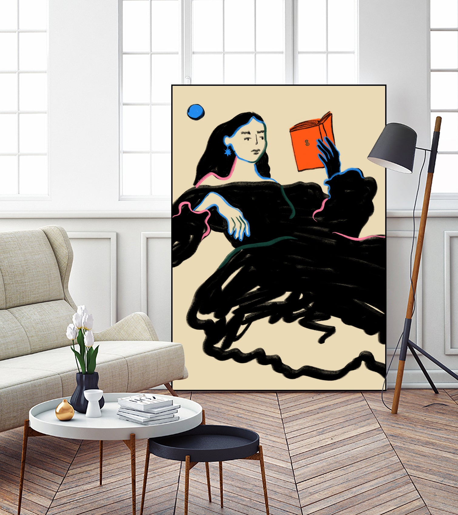 Midnight Reading by Sandra Poliakov  on GIANT ART - figurative drawing,illustration,sketch,human face,painting,art,clipart,cartoon,woman,black dress,reading,book worm,reader,colourful ,pastell,relaxed,calm,mindful,slow living,moon,night,feminine,girl power,home decor ,maximalist,graphic,painted,paint,painterly,person,people,still,serene,peace,peaceful,tranquil,tranquilitiy,stillness,harmony,sky