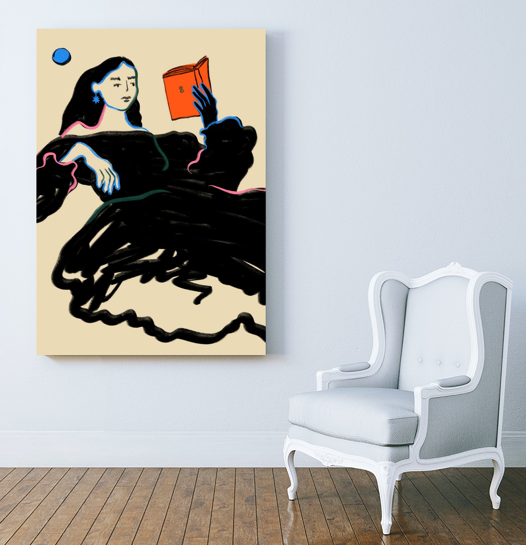 Midnight Reading by Sandra Poliakov  on GIANT ART - figurative drawing,illustration,sketch,human face,painting,art,clipart,cartoon,woman,black dress,reading,book worm,reader,colourful ,pastell,relaxed,calm,mindful,slow living,moon,night,feminine,girl power,home decor ,maximalist,graphic,painted,paint,painterly,person,people,still,serene,peace,peaceful,tranquil,tranquilitiy,stillness,harmony,sky
