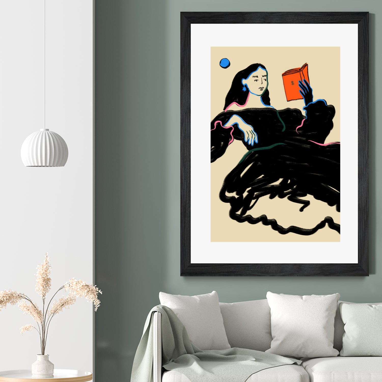 Midnight Reading by Sandra Poliakov  on GIANT ART - figurative drawing,illustration,sketch,human face,painting,art,clipart,cartoon,woman,black dress,reading,book worm,reader,colourful ,pastell,relaxed,calm,mindful,slow living,moon,night,feminine,girl power,home decor ,maximalist,graphic,painted,paint,painterly,person,people,still,serene,peace,peaceful,tranquil,tranquilitiy,stillness,harmony,sky