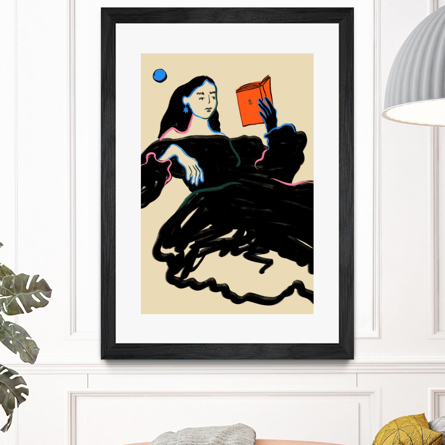 Midnight Reading by Sandra Poliakov  on GIANT ART - figurative drawing,illustration,sketch,human face,painting,art,clipart,cartoon,woman,black dress,reading,book worm,reader,colourful ,pastell,relaxed,calm,mindful,slow living,moon,night,feminine,girl power,home decor ,maximalist,graphic,painted,paint,painterly,person,people,still,serene,peace,peaceful,tranquil,tranquilitiy,stillness,harmony,sky