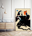 Midnight Reading by Sandra Poliakov  on GIANT ART - figurative drawing,illustration,sketch,human face,painting,art,clipart,cartoon,woman,black dress,reading,book worm,reader,colourful ,pastell,relaxed,calm,mindful,slow living,moon,night,feminine,girl power,home decor ,maximalist,graphic,painted,paint,painterly,person,people,still,serene,peace,peaceful,tranquil,tranquilitiy,stillness,harmony,sky