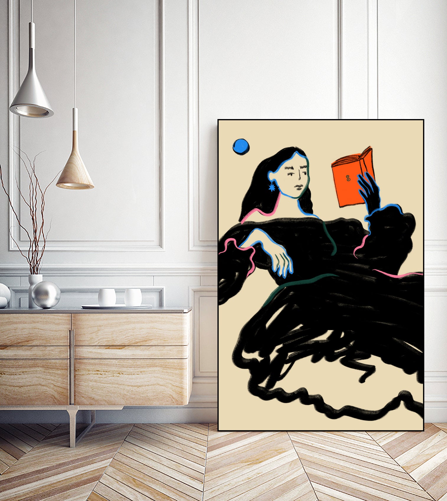 Midnight Reading by Sandra Poliakov  on GIANT ART - figurative drawing,illustration,sketch,human face,painting,art,clipart,cartoon,woman,black dress,reading,book worm,reader,colourful ,pastell,relaxed,calm,mindful,slow living,moon,night,feminine,girl power,home decor ,maximalist,graphic,painted,paint,painterly,person,people,still,serene,peace,peaceful,tranquil,tranquilitiy,stillness,harmony,sky