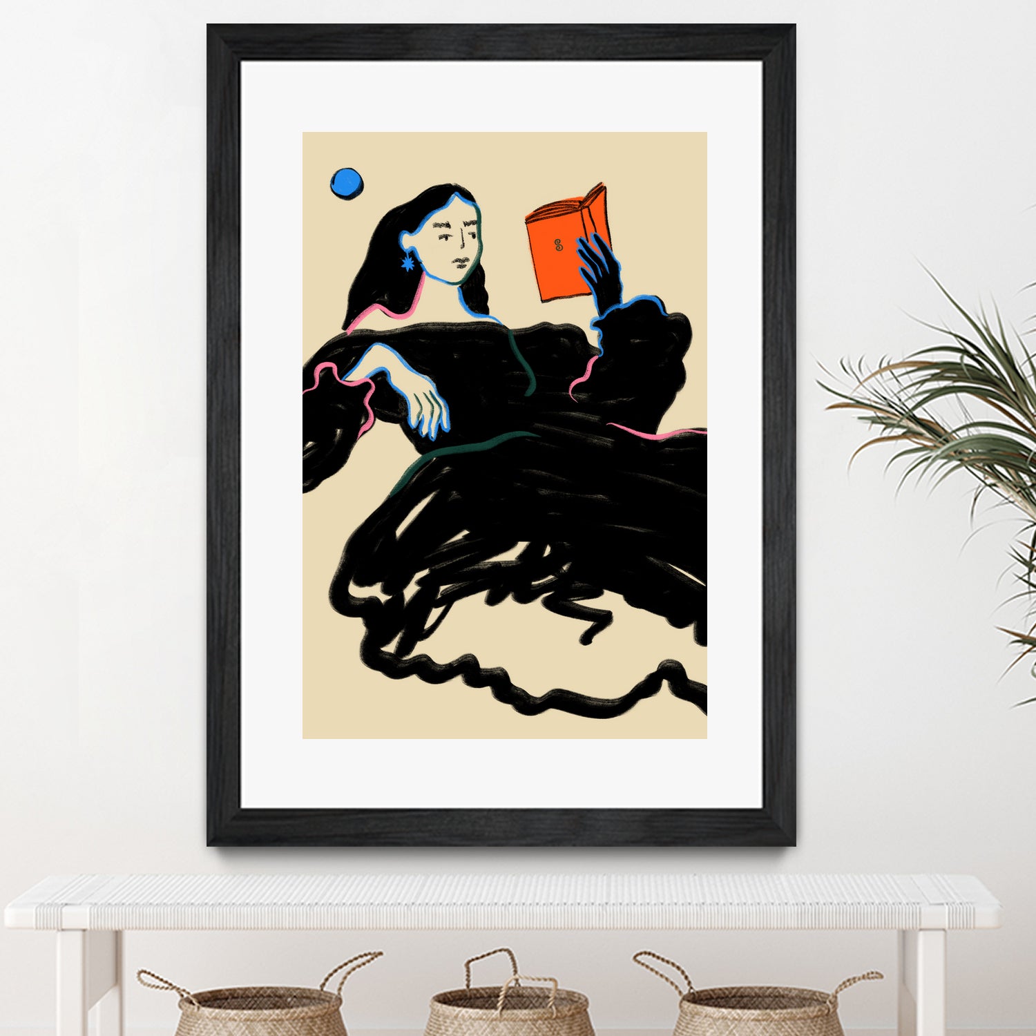 Midnight Reading by Sandra Poliakov  on GIANT ART - figurative drawing,illustration,sketch,human face,painting,art,clipart,cartoon,woman,black dress,reading,book worm,reader,colourful ,pastell,relaxed,calm,mindful,slow living,moon,night,feminine,girl power,home decor ,maximalist,graphic,painted,paint,painterly,person,people,still,serene,peace,peaceful,tranquil,tranquilitiy,stillness,harmony,sky