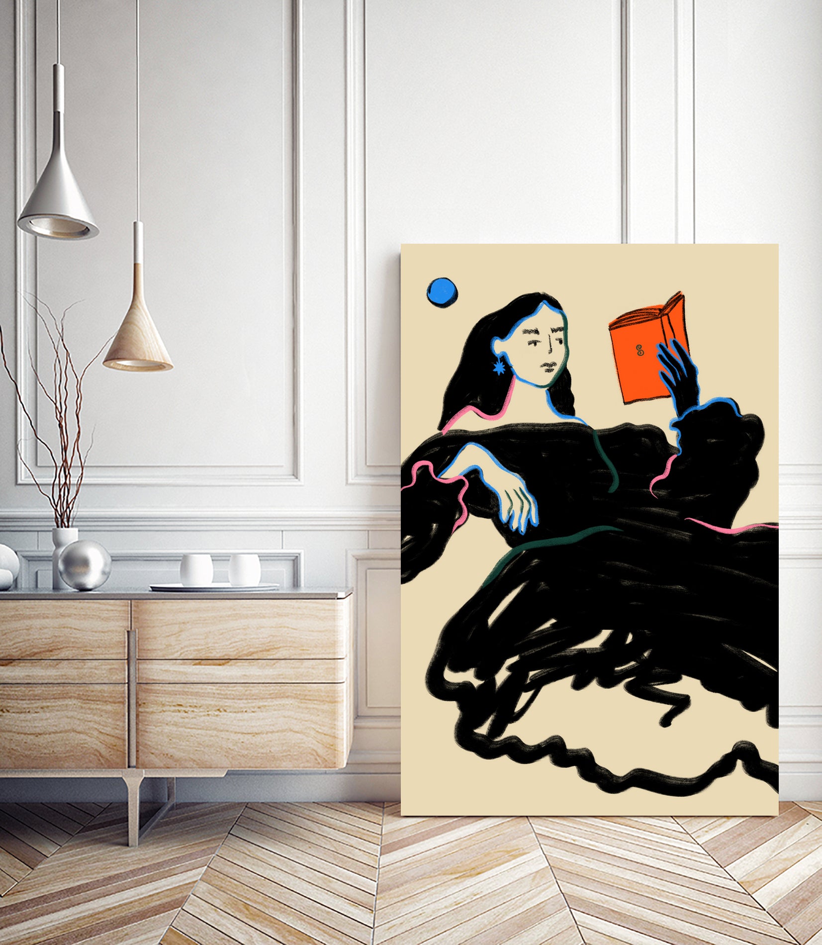 Midnight Reading by Sandra Poliakov  on GIANT ART - figurative drawing,illustration,sketch,human face,painting,art,clipart,cartoon,woman,black dress,reading,book worm,reader,colourful ,pastell,relaxed,calm,mindful,slow living,moon,night,feminine,girl power,home decor ,maximalist,graphic,painted,paint,painterly,person,people,still,serene,peace,peaceful,tranquil,tranquilitiy,stillness,harmony,sky