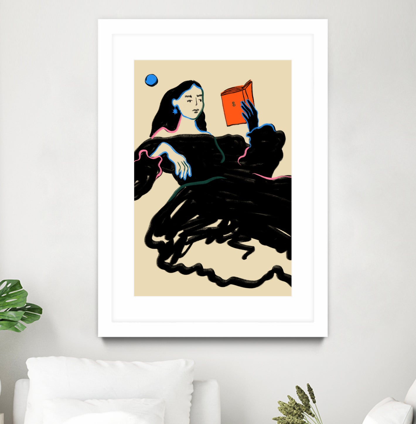 Midnight Reading by Sandra Poliakov  on GIANT ART - figurative drawing,illustration,sketch,human face,painting,art,clipart,cartoon,woman,black dress,reading,book worm,reader,colourful ,pastell,relaxed,calm,mindful,slow living,moon,night,feminine,girl power,home decor ,maximalist,graphic,painted,paint,painterly,person,people,still,serene,peace,peaceful,tranquil,tranquilitiy,stillness,harmony,sky