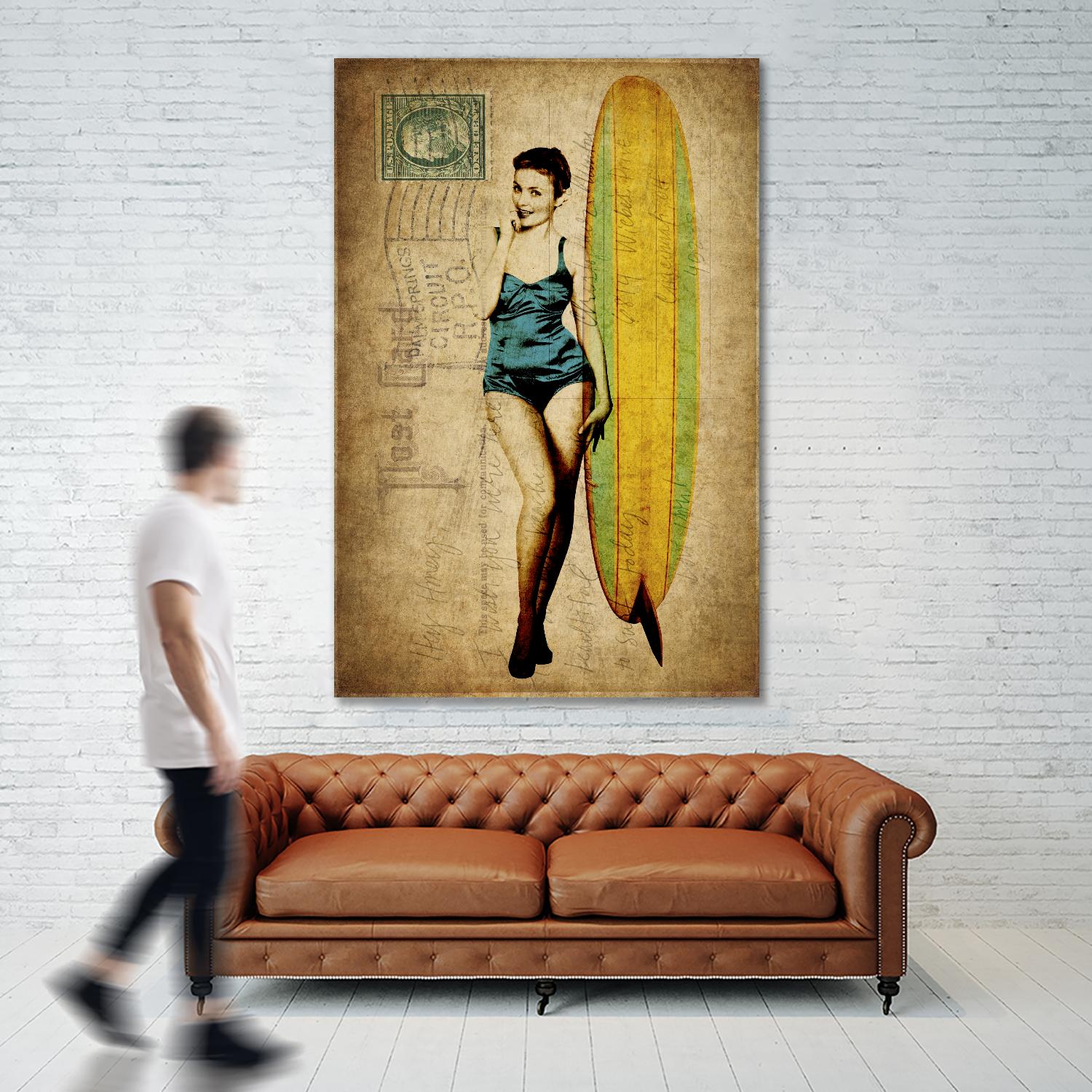Pinup Girl Surfing by GI ArtLab on GIANT ART - yellow vintage