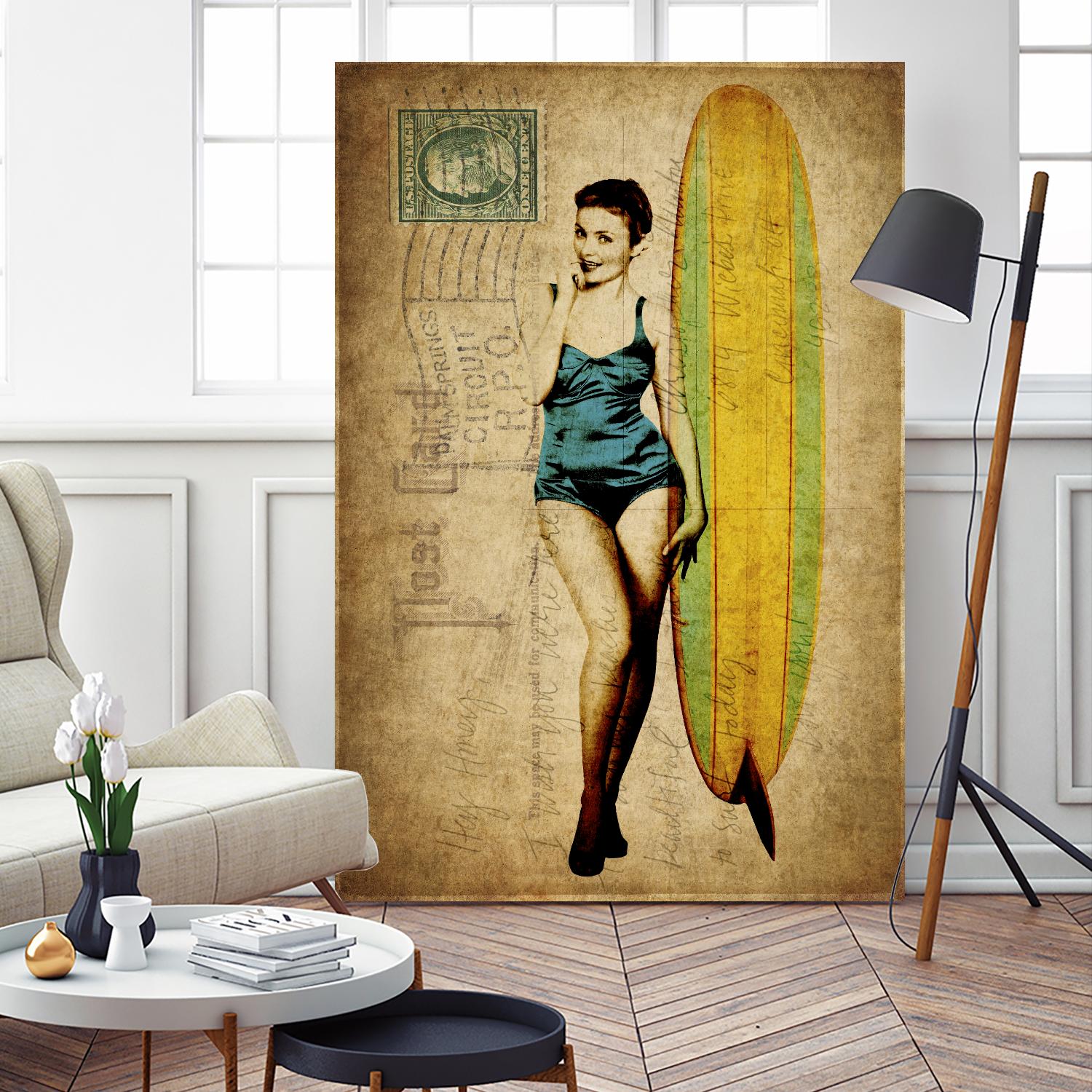 Pinup Girl Surfing by GI ArtLab on GIANT ART - yellow vintage