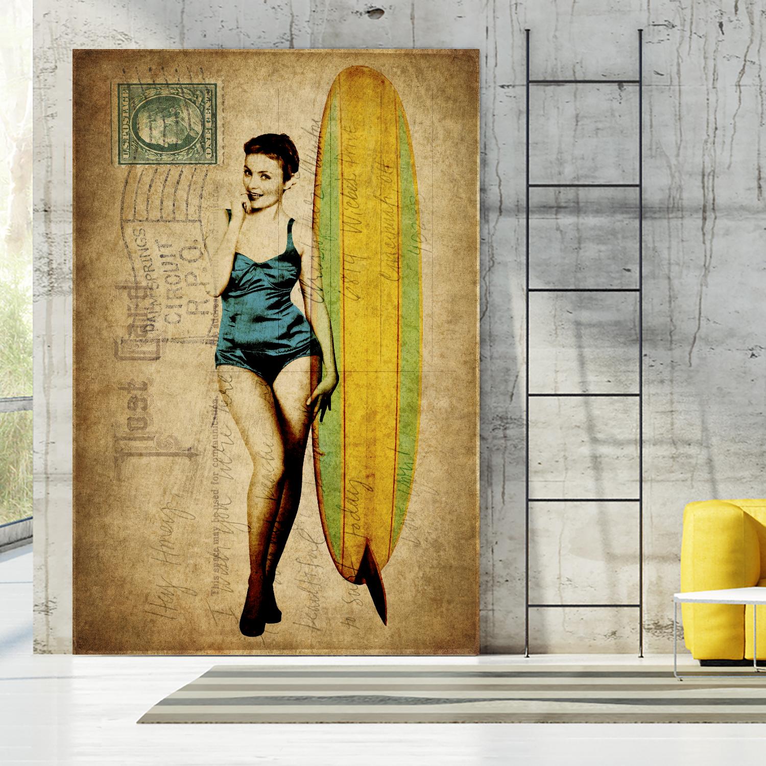 Pinup Girl Surfing by GI ArtLab on GIANT ART - yellow vintage