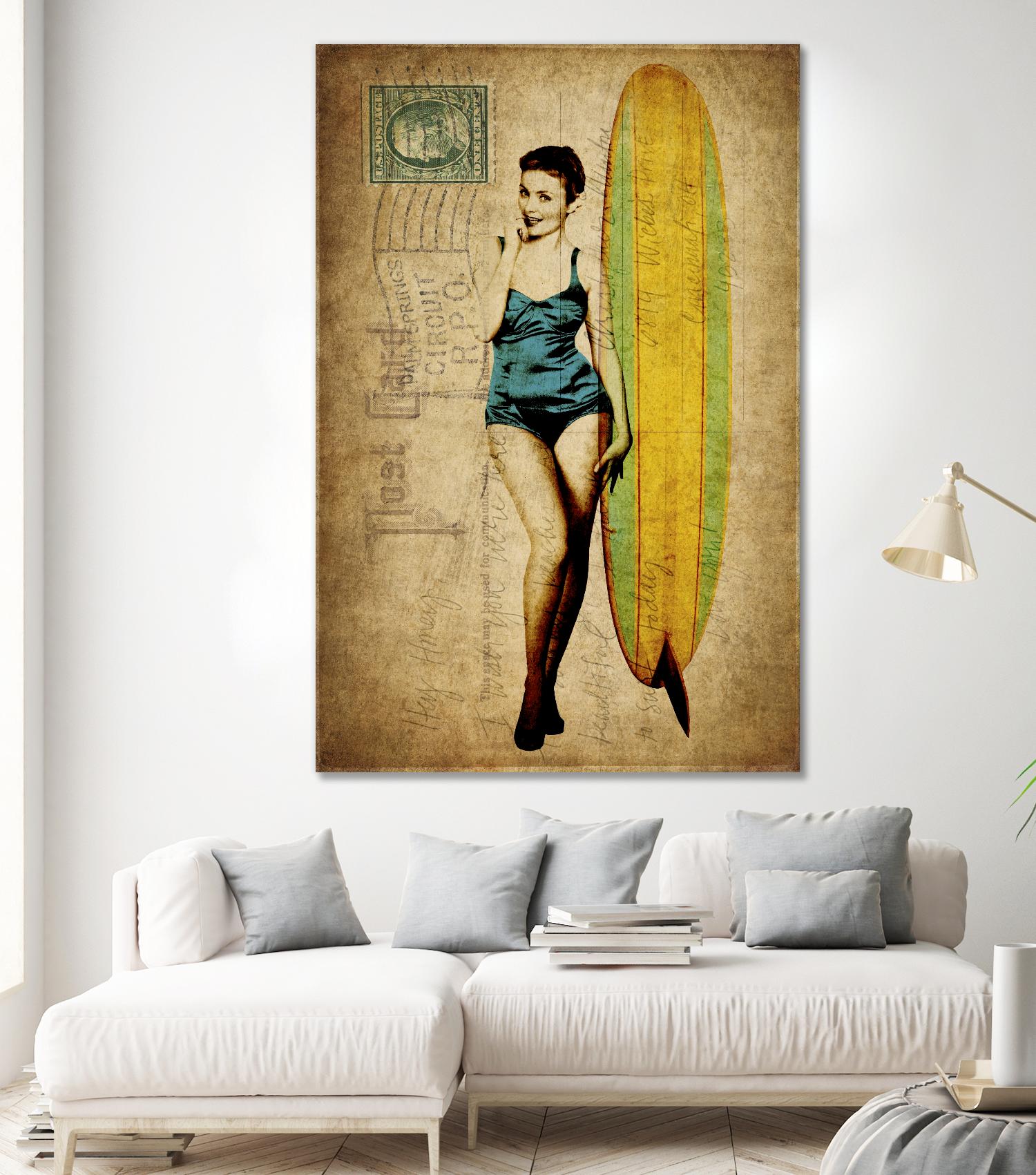 Pinup Girl Surfing by GI ArtLab on GIANT ART - yellow vintage