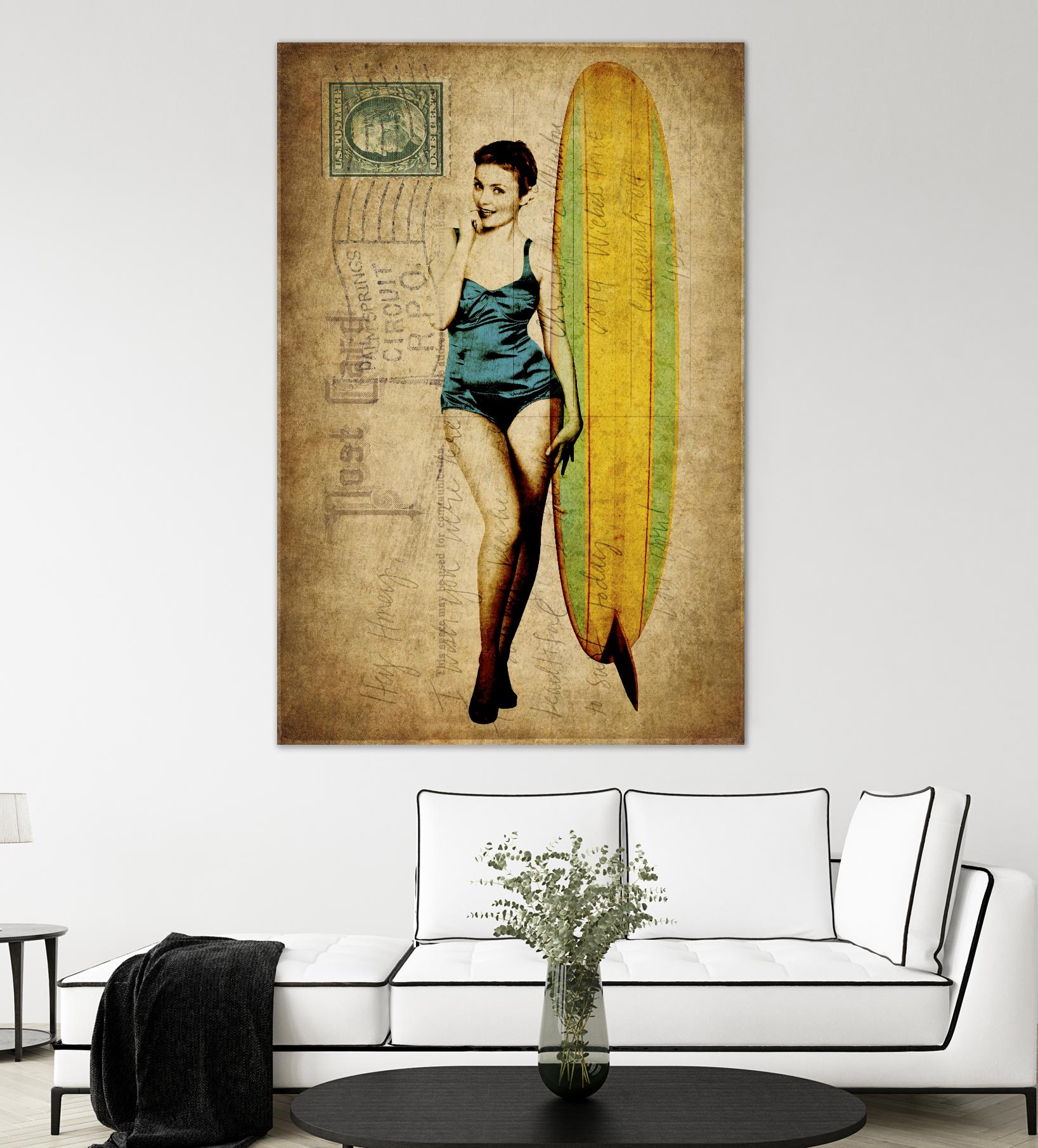 Pinup Girl Surfing by GI ArtLab on GIANT ART - yellow vintage