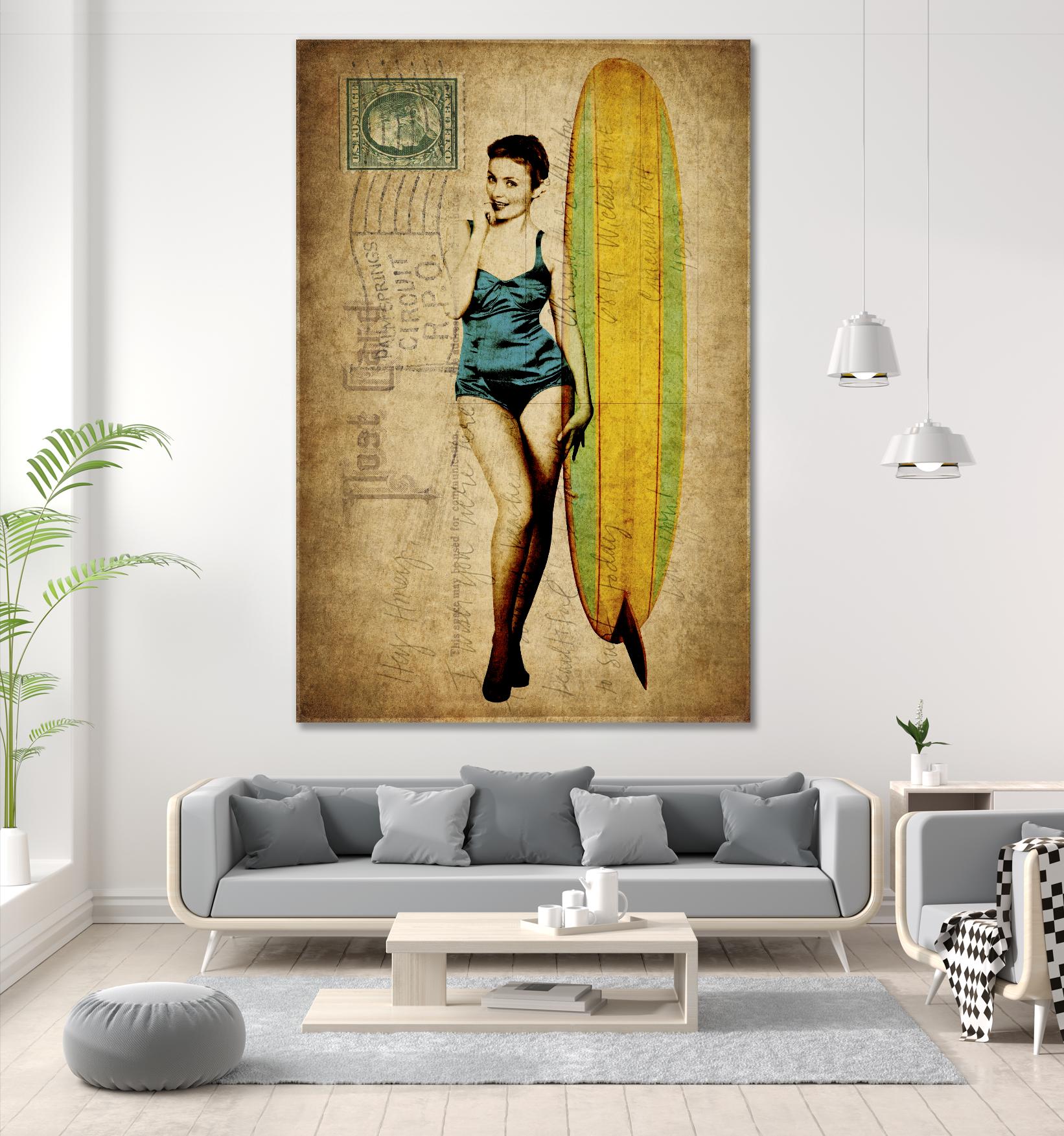 Pinup Girl Surfing by GI ArtLab on GIANT ART - yellow vintage