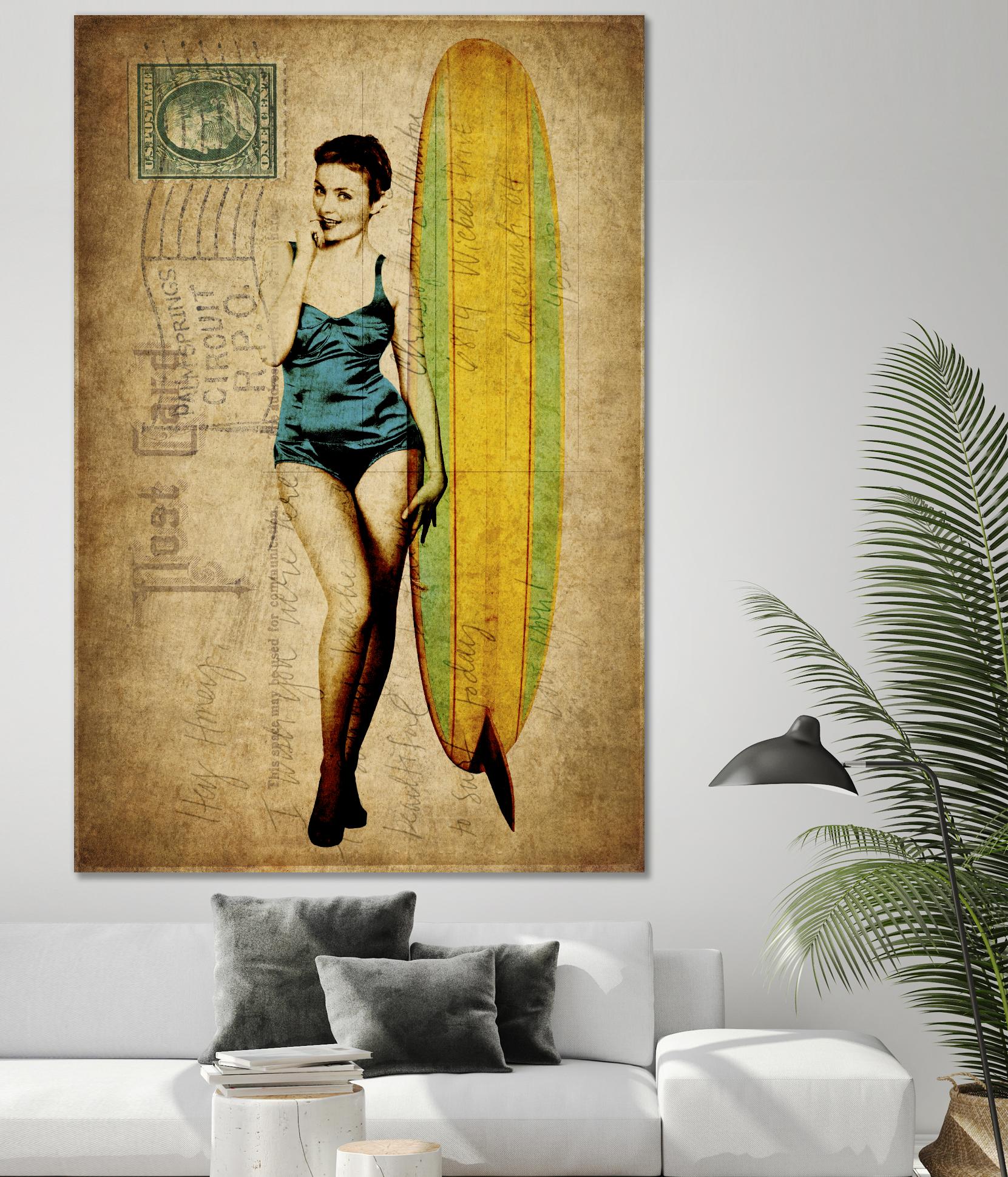 Pinup Girl Surfing by GI ArtLab on GIANT ART - yellow vintage