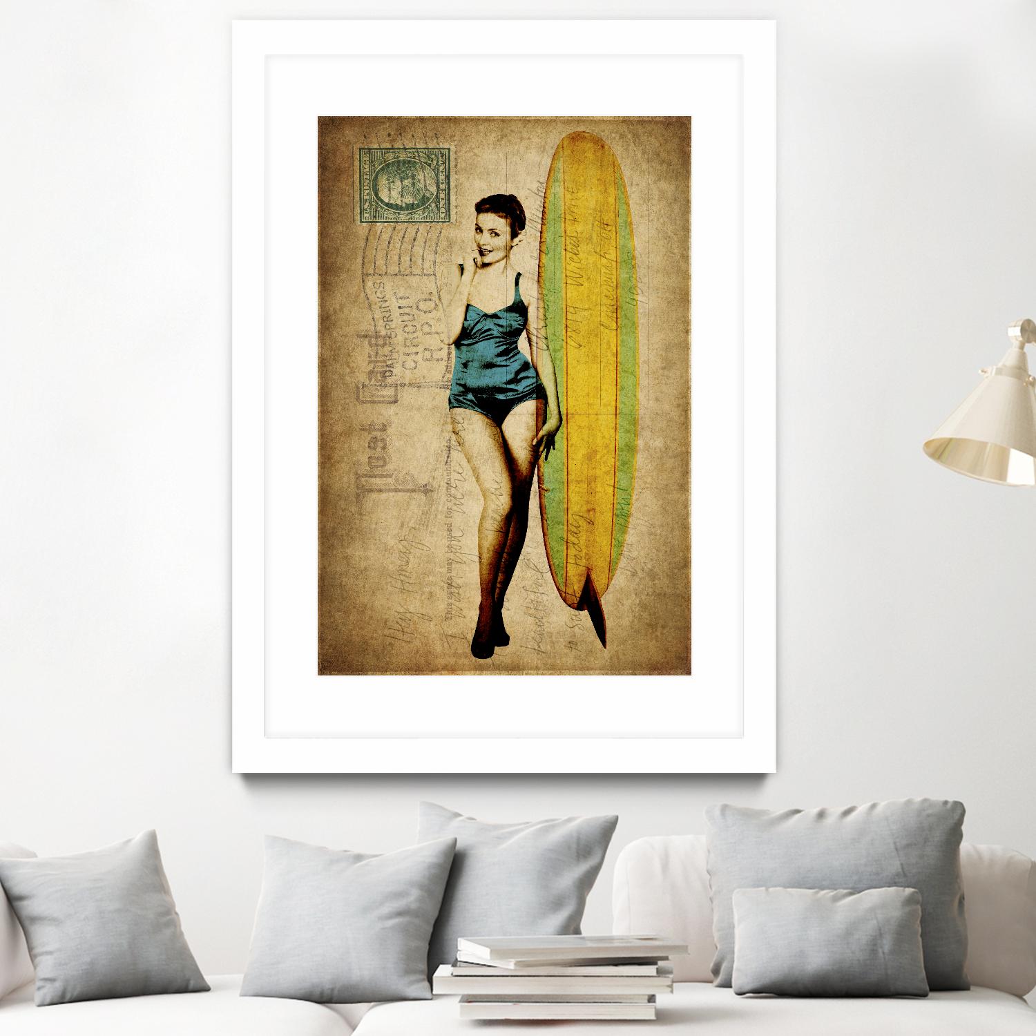 Pinup Girl Surfing by GI ArtLab on GIANT ART - yellow vintage