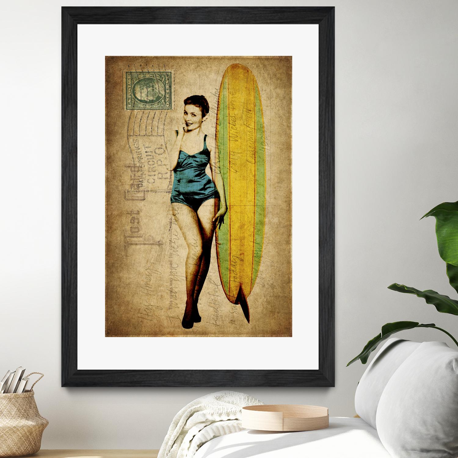 Pinup Girl Surfing by GI ArtLab on GIANT ART - yellow vintage