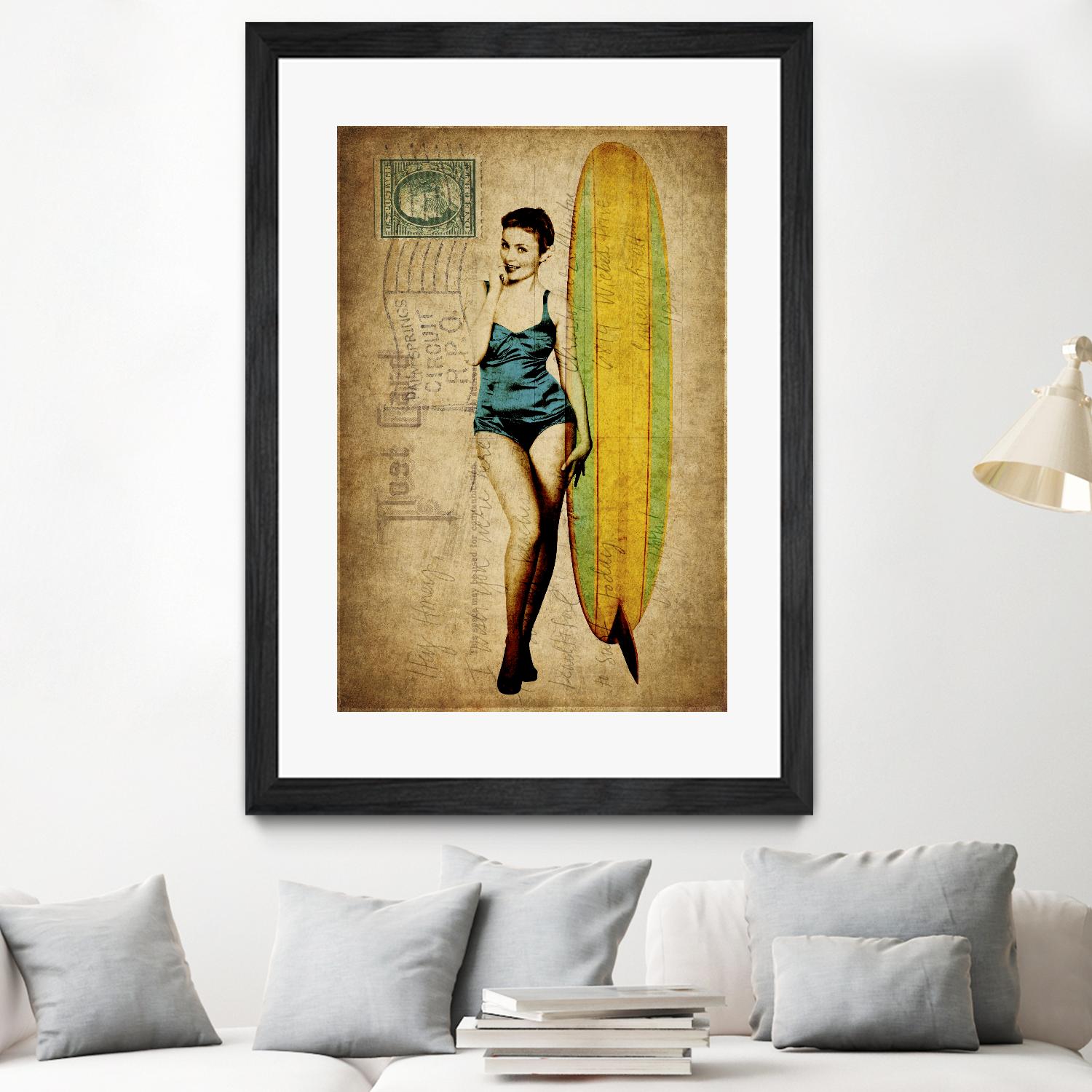 Pinup Girl Surfing by GI ArtLab on GIANT ART - yellow vintage