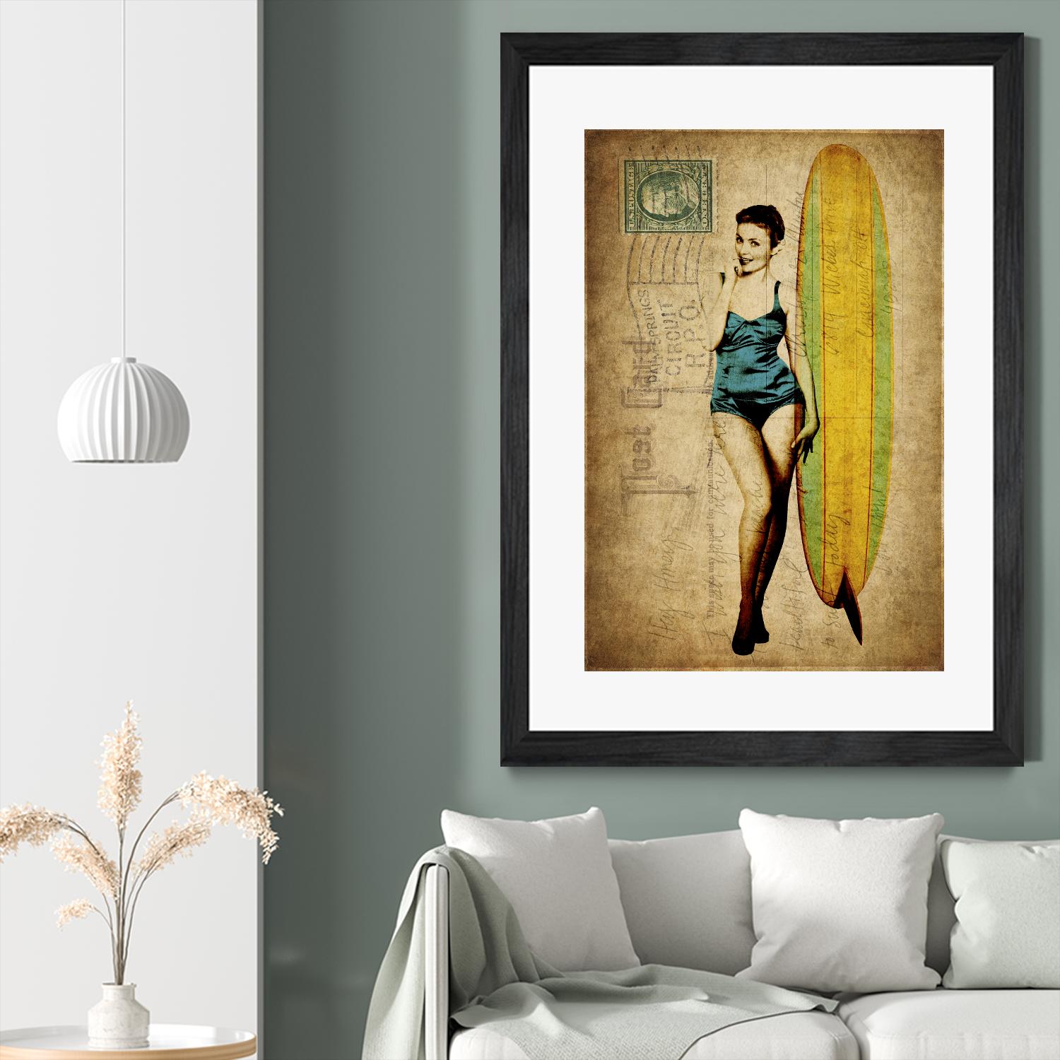 Pinup Girl Surfing by GI ArtLab on GIANT ART - yellow vintage