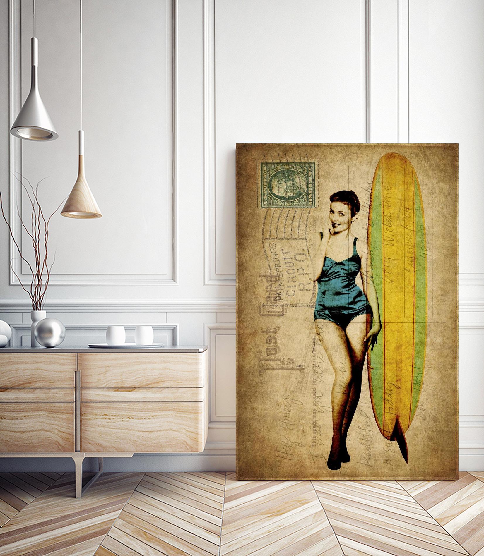 Pinup Girl Surfing by GI ArtLab on GIANT ART - yellow vintage