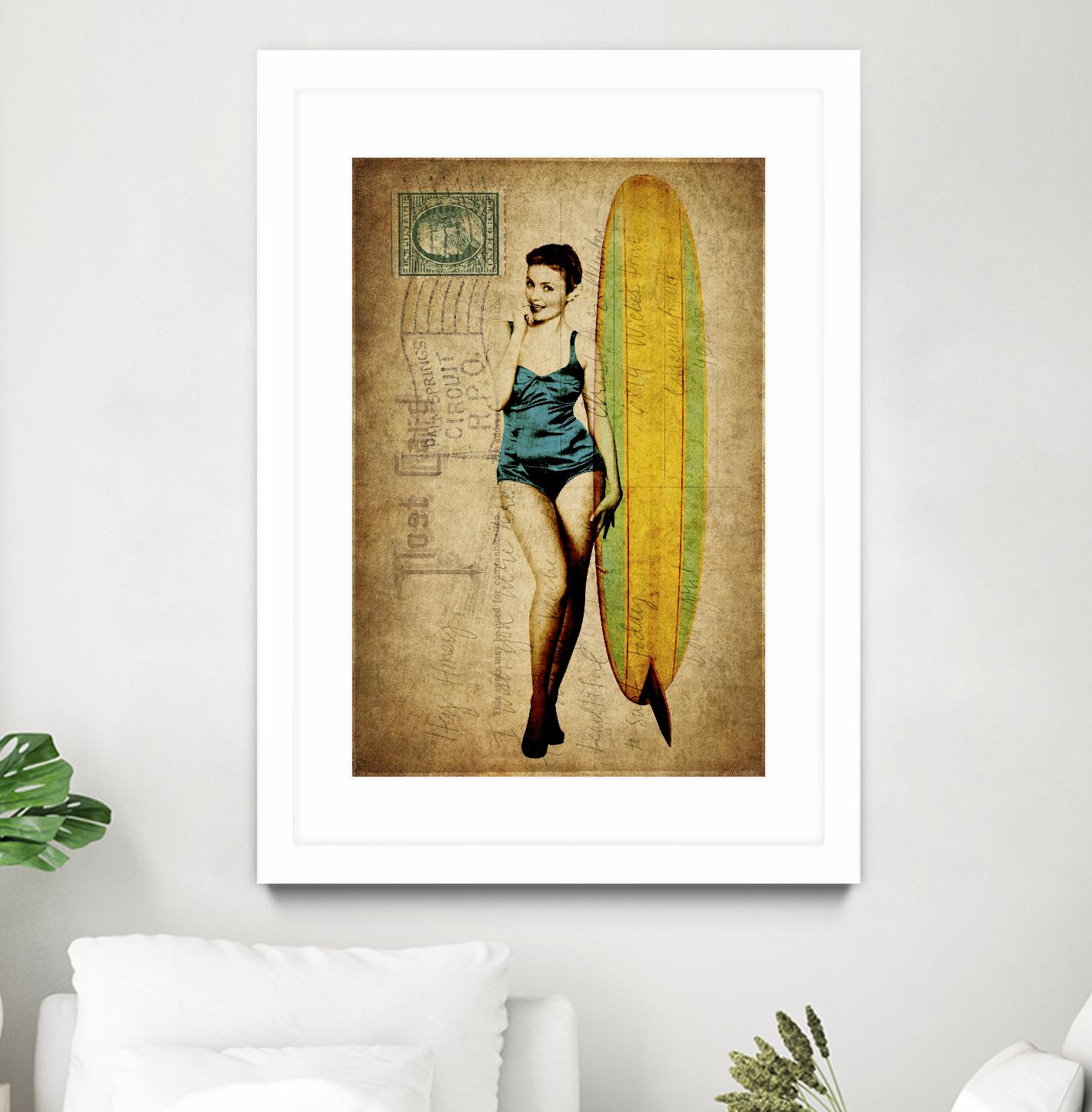 Pinup Girl Surfing by GI ArtLab on GIANT ART - yellow vintage