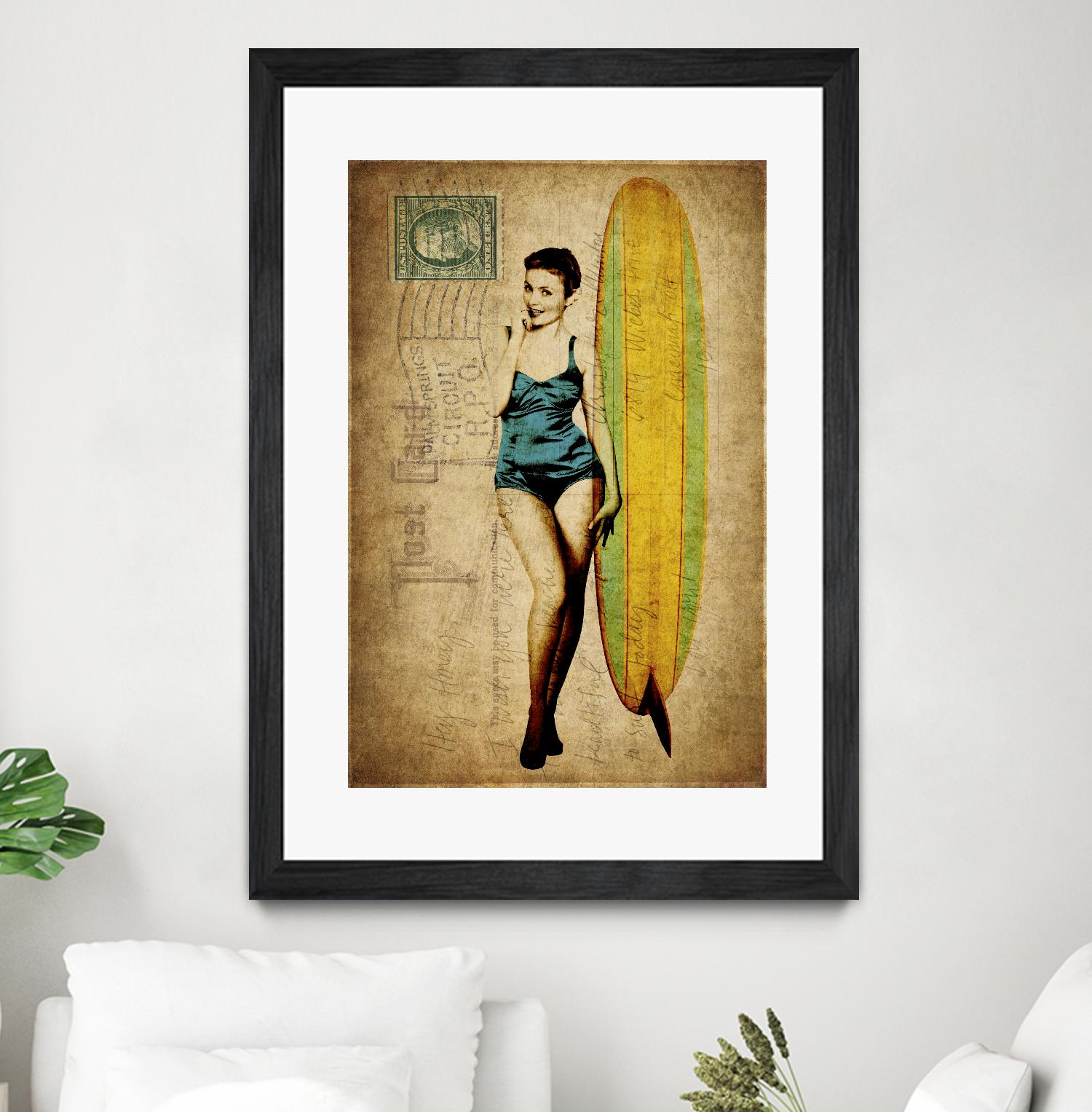 Pinup Girl Surfing by GI ArtLab on GIANT ART - yellow vintage