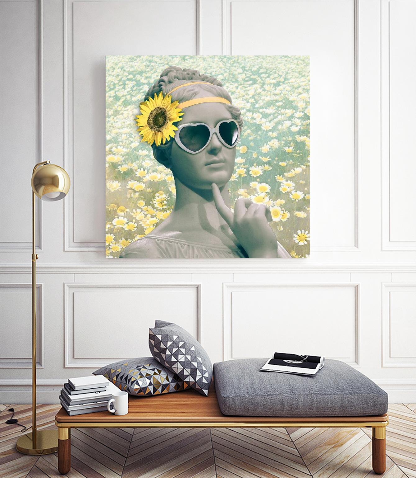 Hipster Statue with Sunflowers by THE Studio on GIANT ART - green flowers face